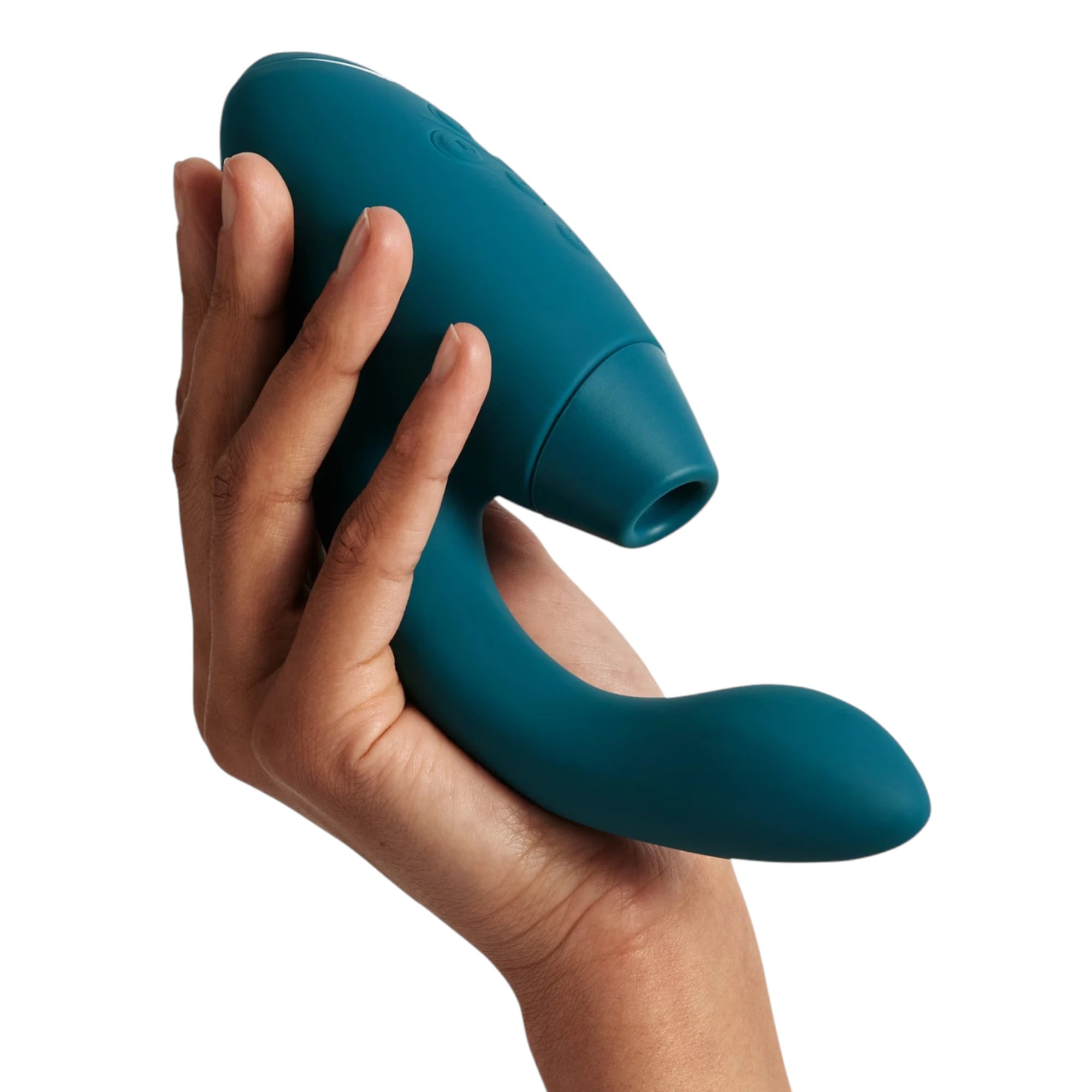 Womanizer Duo 2 teal silicone G-spot and clitoral stimulator held in hand against white background