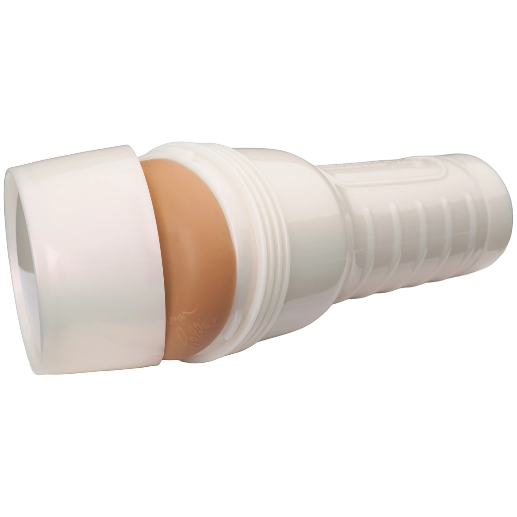 Fleshlight Girls Butt Autumn Falls Peaches Texture stroker toy shown from side displaying white cylindrical case with ribbed grip and textured internal anal sleeve visible against white background