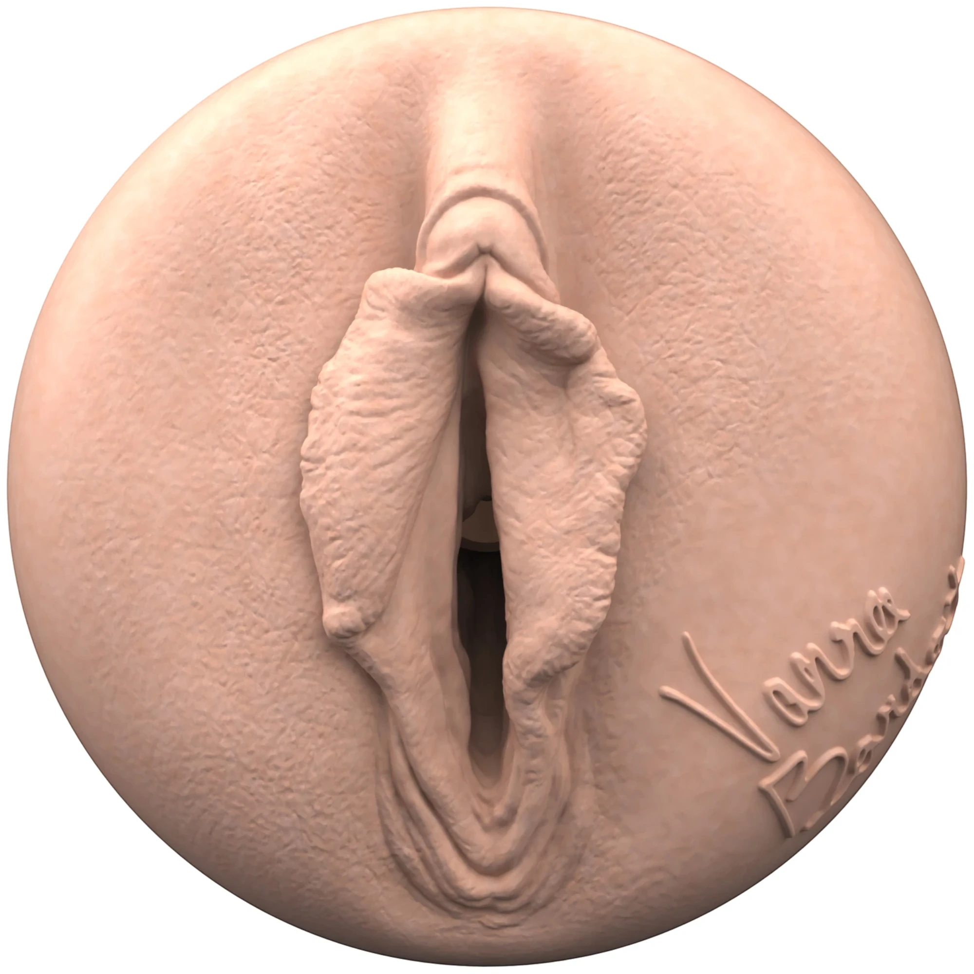 Close-up front view of the Fleshlight Girls Vanna Bardot “Dopamine Texture” sleeve opening, showing the realistic outer details and soft, skin-tone material with the “Vanna Bardot” signature embossed on the edge against a white background