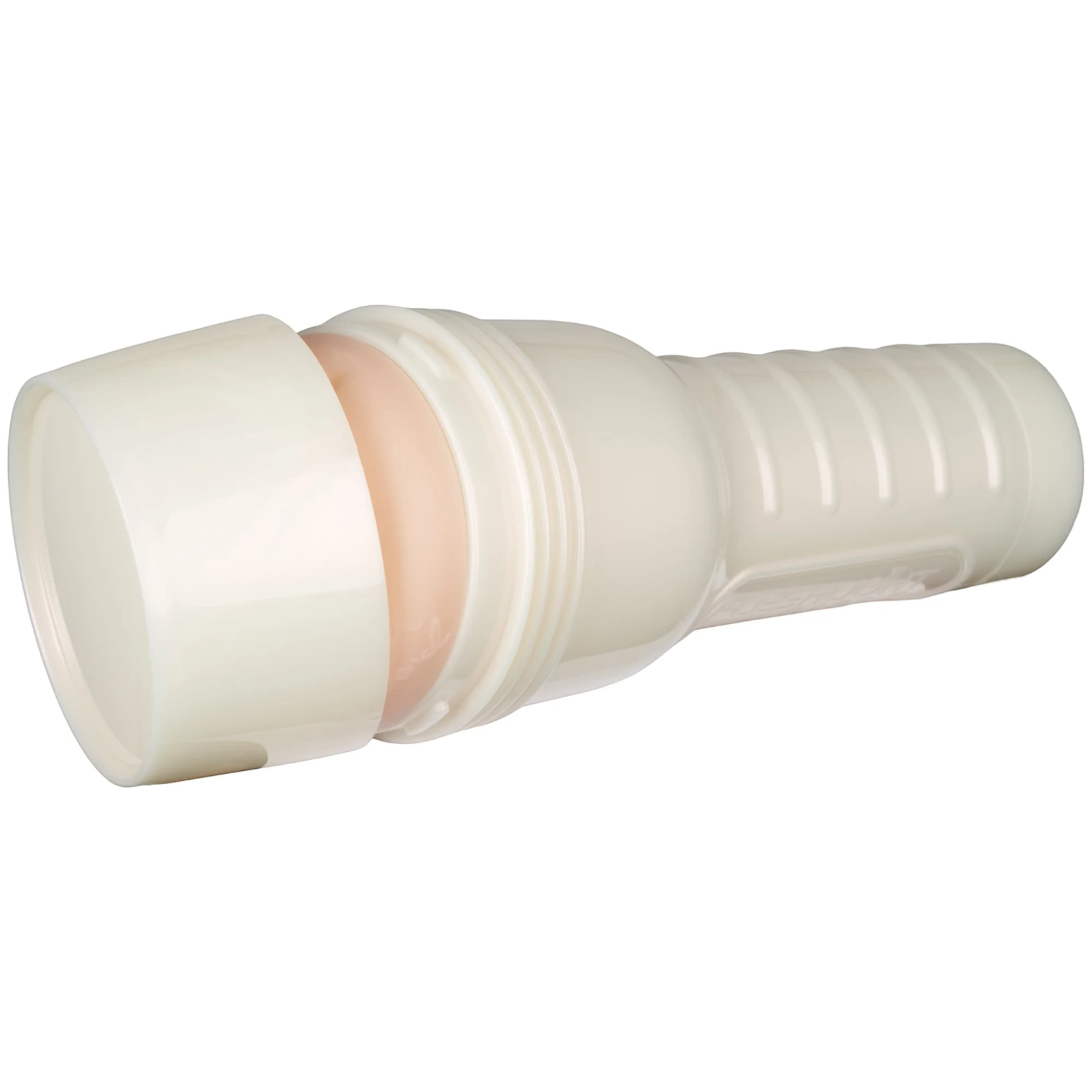 Angled side view of the Fleshlight Girls Vanna Bardot “Dopamine Texture” masturbator in its white case with cap fitted, showing the ribbed grip body and the sleeve material visible at the opening against a white background