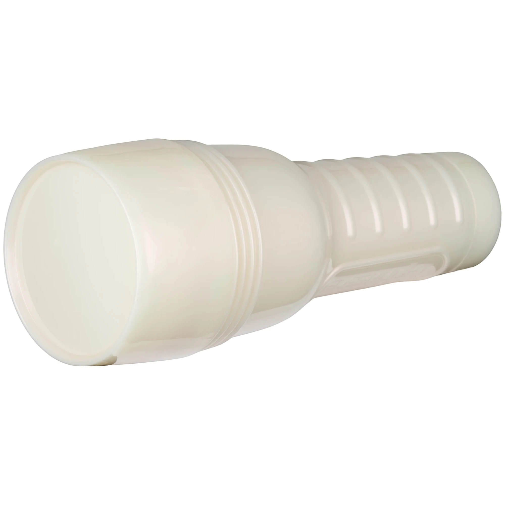 Rear angled view of the Fleshlight Girls Vanna Bardot “Dopamine Texture” masturbator in its white case with the cap on, showing the smooth end cap, twist ring detail and ribbed grip body against a white background