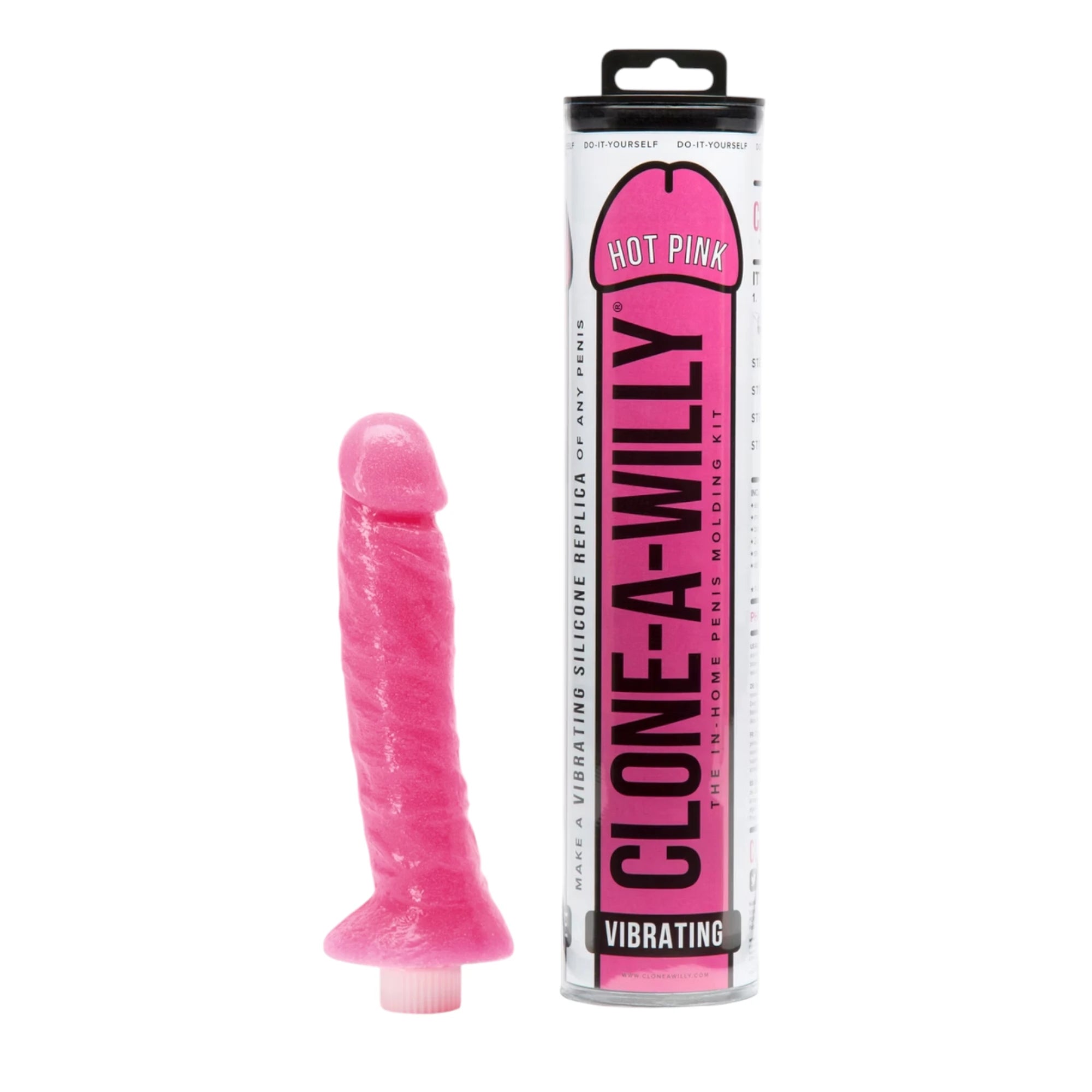 Clone-A-Willy vibrating penis moulding kit in hot pink displayed with finished bright pink silicone vibrating dildo replica and packaging box against white background