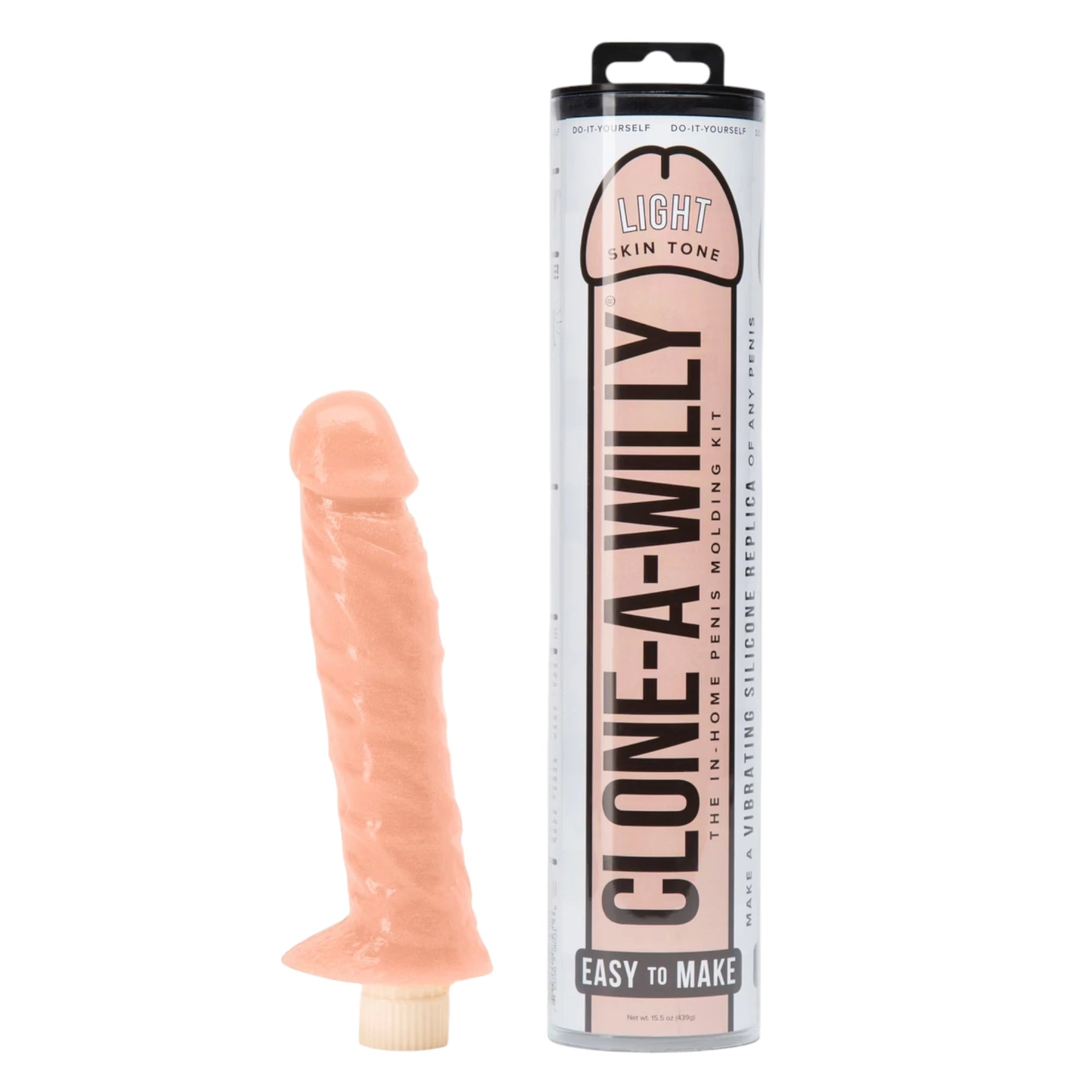 Clone-A-Willy penis moulding kit in light skin tone displayed with finished silicone dildo replica and packaging box with 'Easy To Make' label against white background
