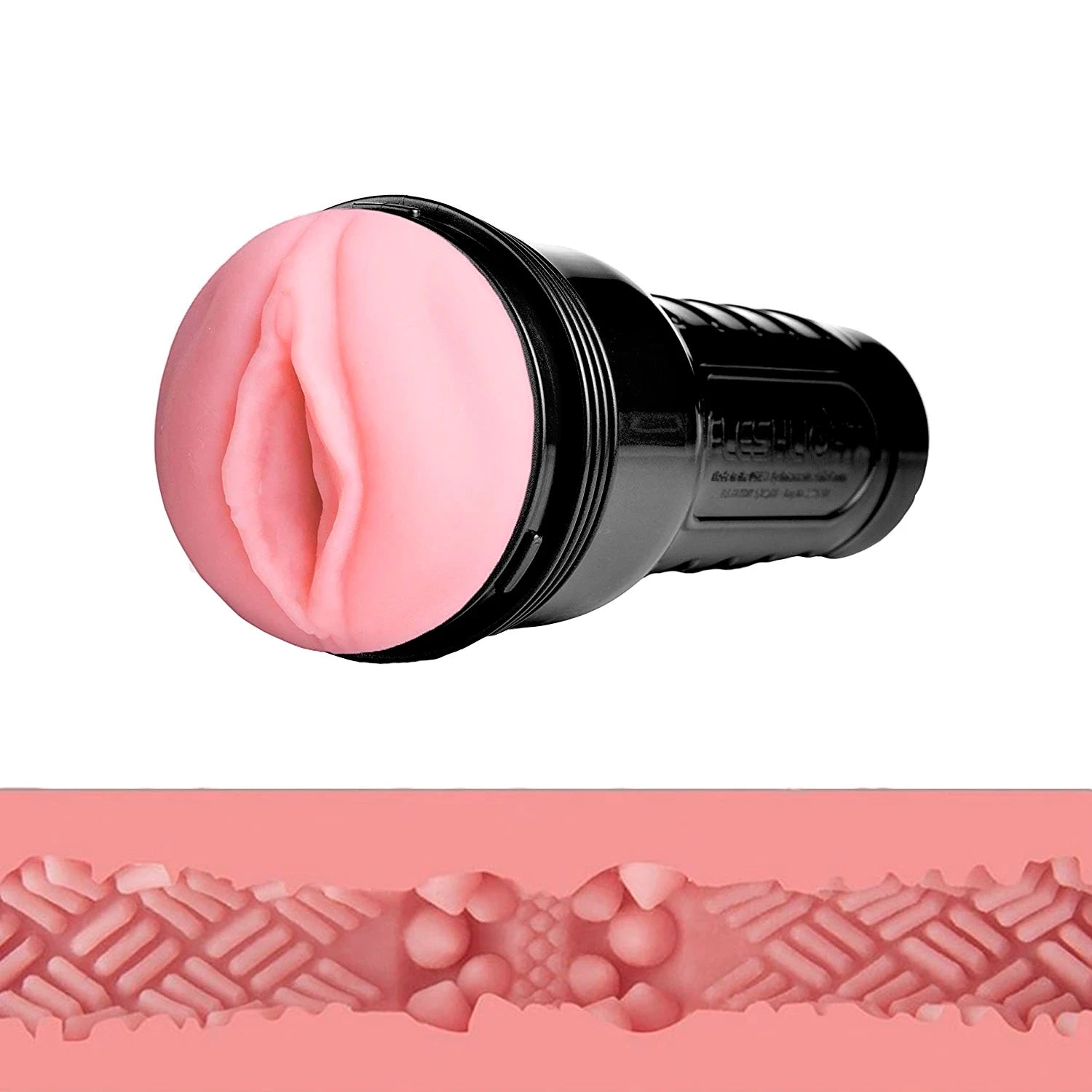 Fleshlight Go Surge realistic vagina stroker toy with black cylindrical case and pink textured sleeve displayed with internal texture detail at bottom against white background