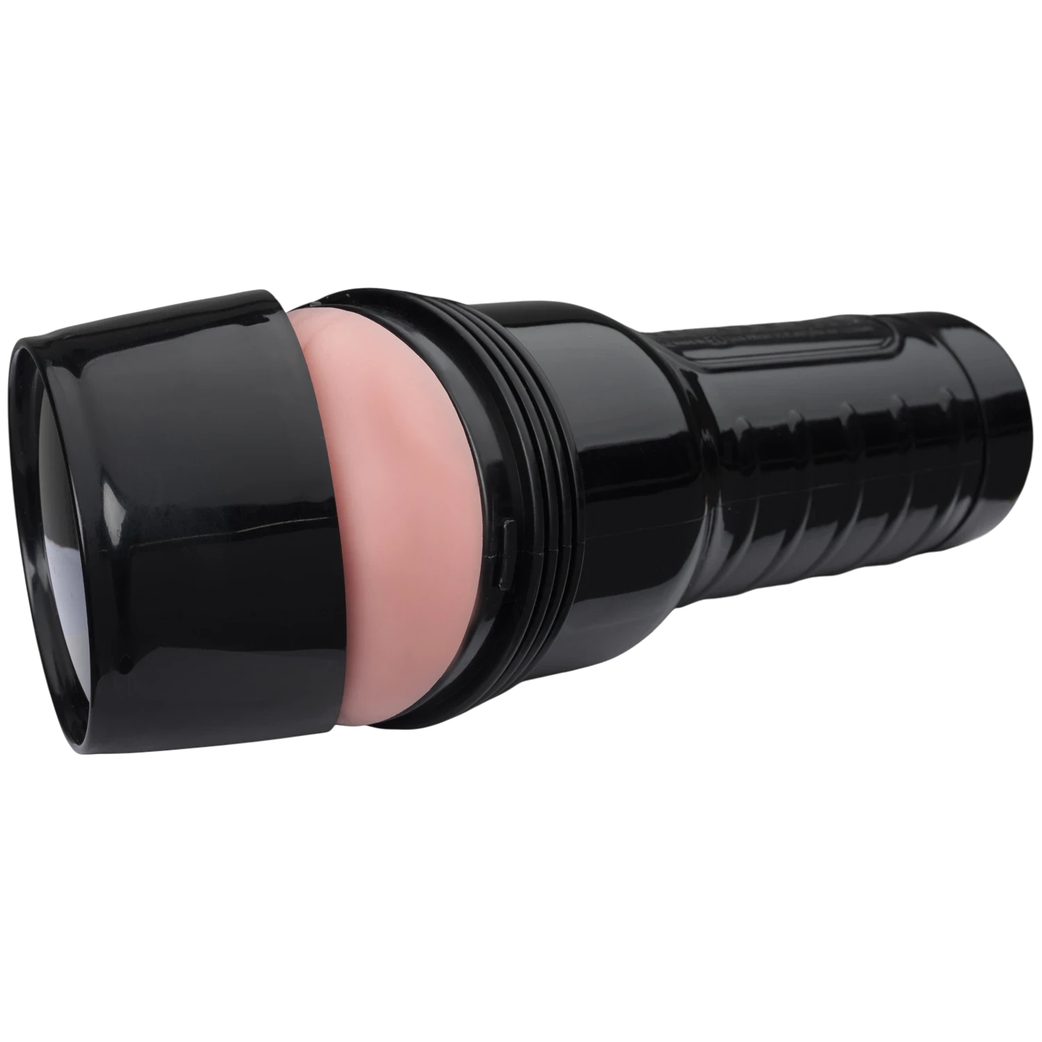 Fleshlight Go Surge realistic vagina stroker toy shown from side displaying black cylindrical case with ribbed grip, pink textured sleeve, and carrying handle against transparent background