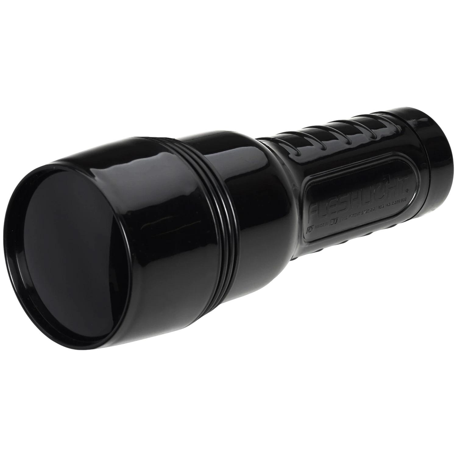 Fleshlight Go Surge realistic vagina stroker toy shown from back displaying black cylindrical case with ribbed grip and embossed Fleshlight branding against transparent background