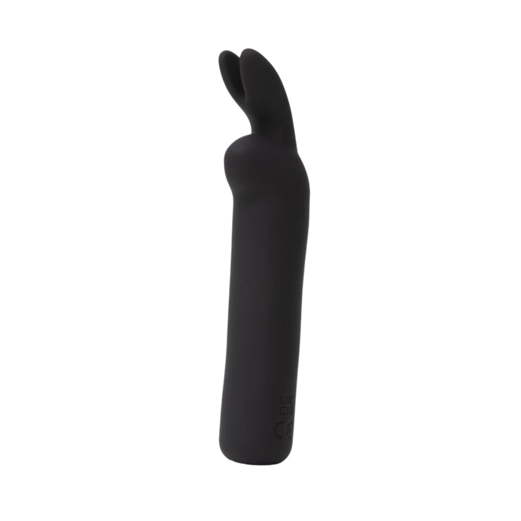 Happy Rabbit rechargeable rabbit ears bullet vibrator in black shown from side displaying slim body, curved rabbit ear tip, and rounded base against white background