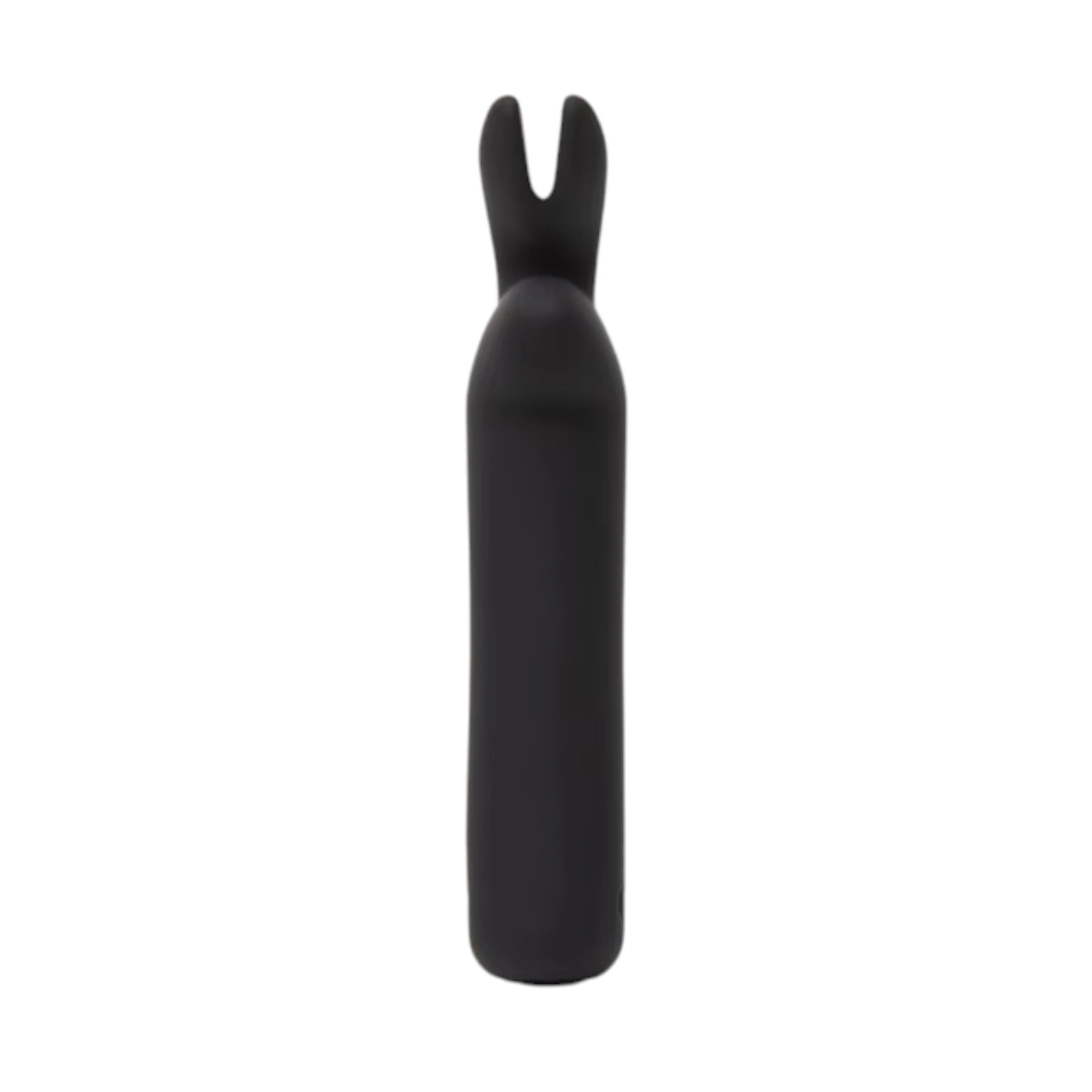 Happy Rabbit rechargeable rabbit ears bullet vibrator in black shown from front displaying elongated body, curved rabbit ear tip, and smooth silicone finish against white background