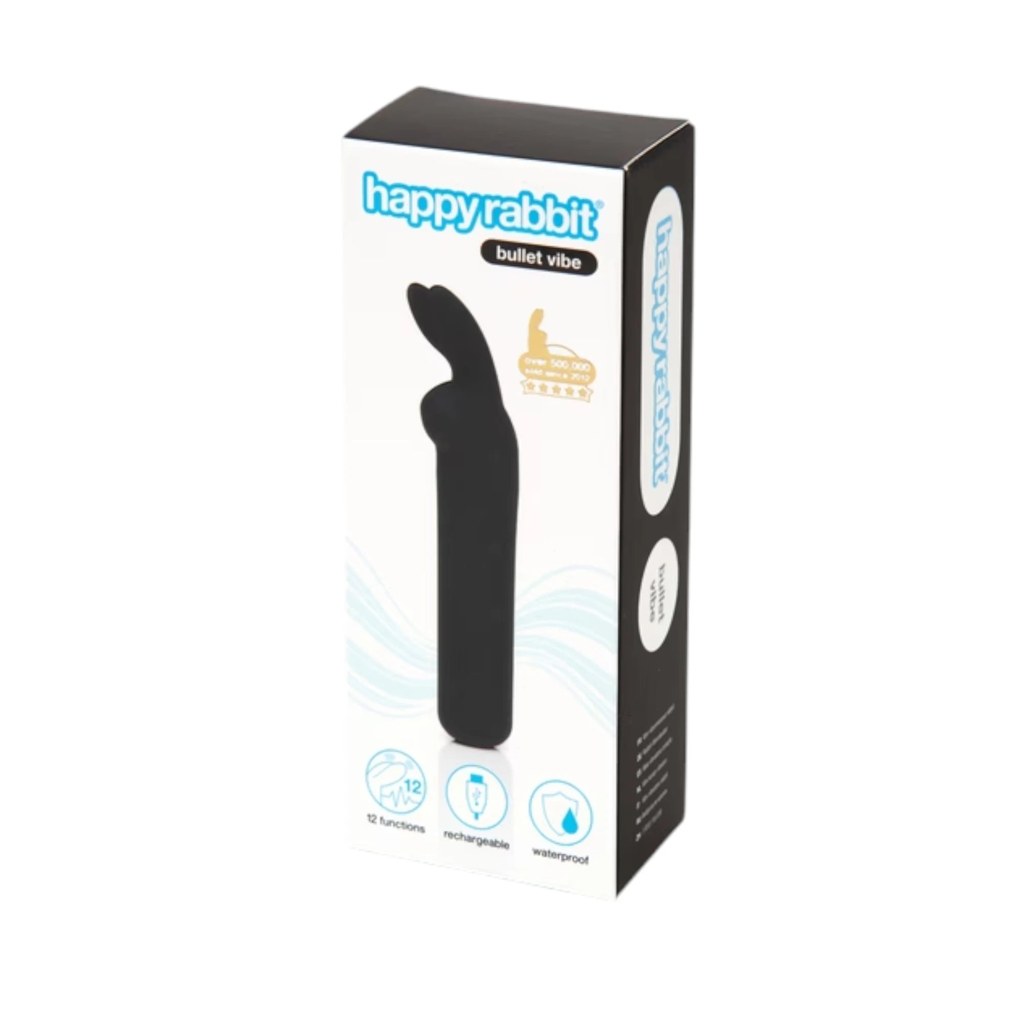 Happy Rabbit rechargeable rabbit ears bullet vibe packaging box in white and black with product image, '12 functions' badge, 'rechargeable' and 'waterproof' icons against white background