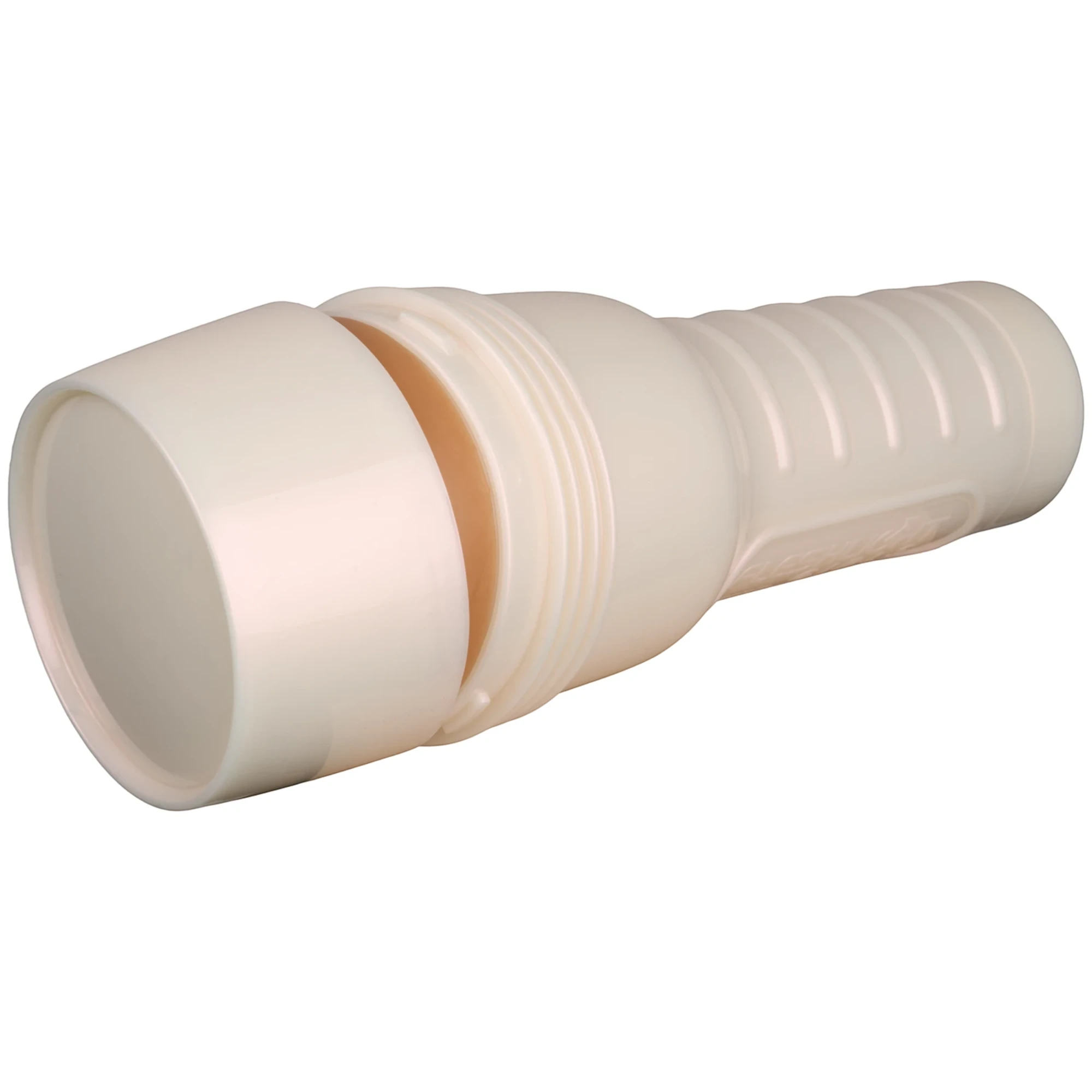 Fleshlight Kazumi Kumzumi Texture stroker toy shown from side displaying white cylindrical case with ribbed grip and textured internal sleeve visible against white background