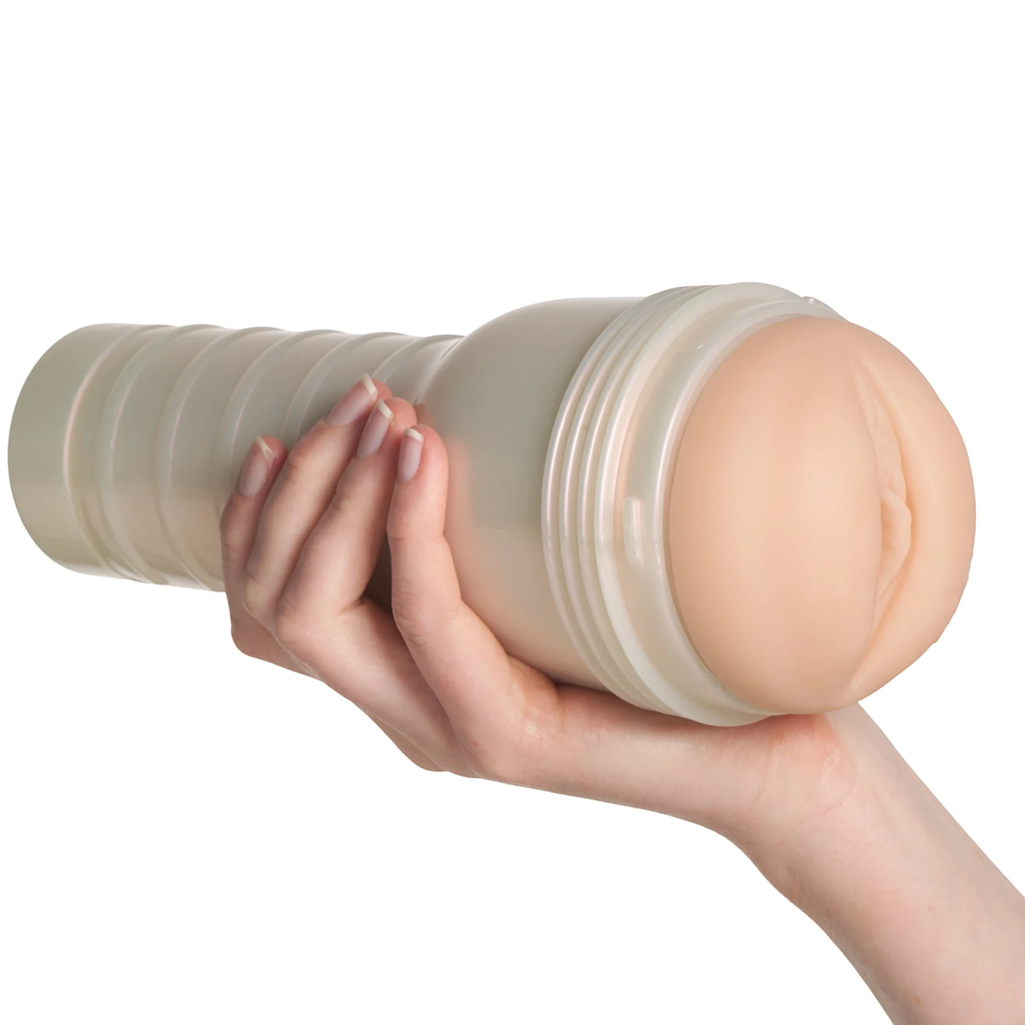 Fleshlight Kenzie Reeves Texture stroker toy held in hand displaying white cylindrical case with ribbed grip and textured internal sleeve visible against white background