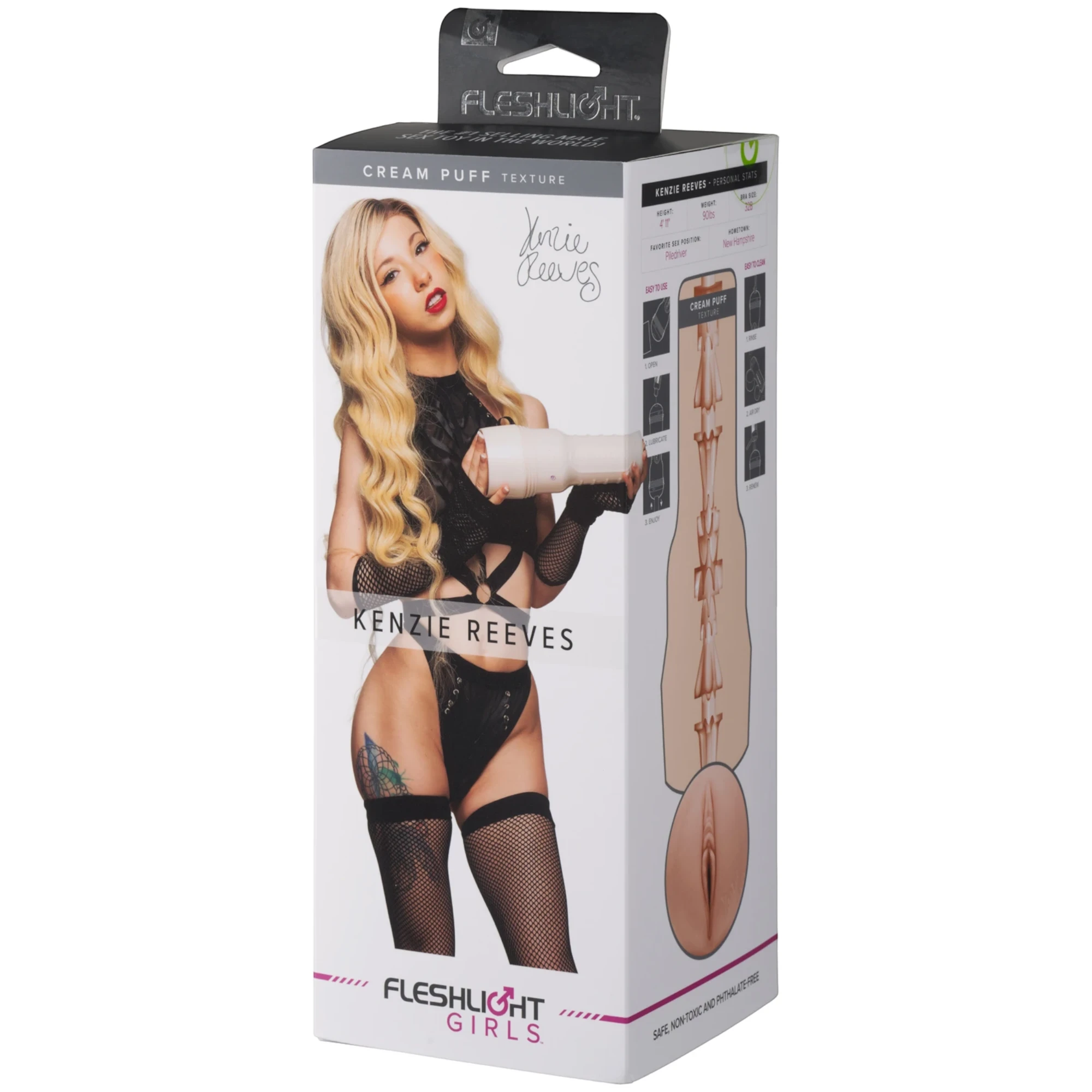 Fleshlight Girls Kenzie Reeves Cream Puff Texture packaging box with grey header, white body featuring Kenzie Reeves portrait and signature, product texture details on right side with personal stats, and Fleshlight Girls branding with pink accents against white background