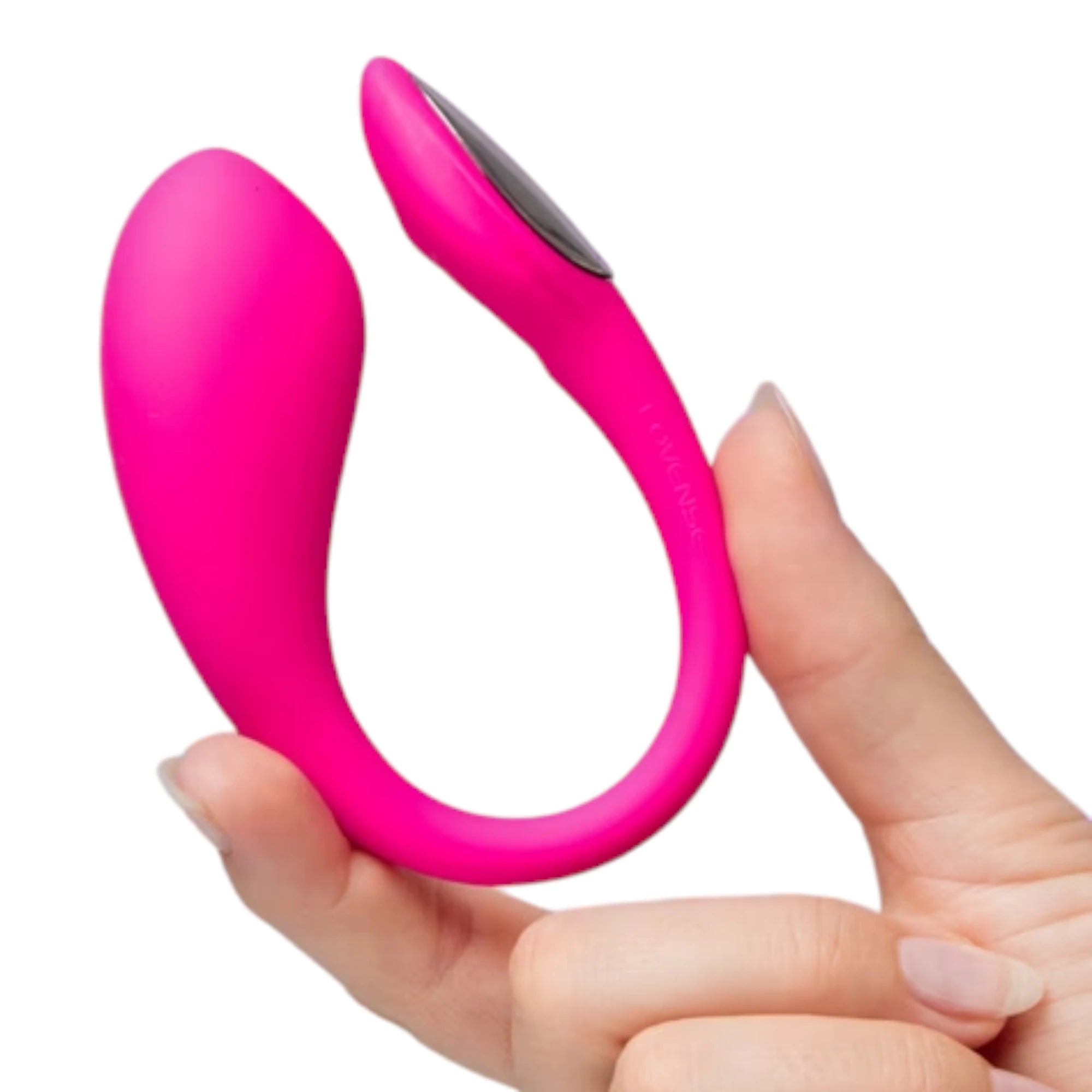Lovense Lush 4 Mini vibrating egg in pink shown held in a hand for size reference, highlighting the compact wearable egg design with curved shape against a white background.