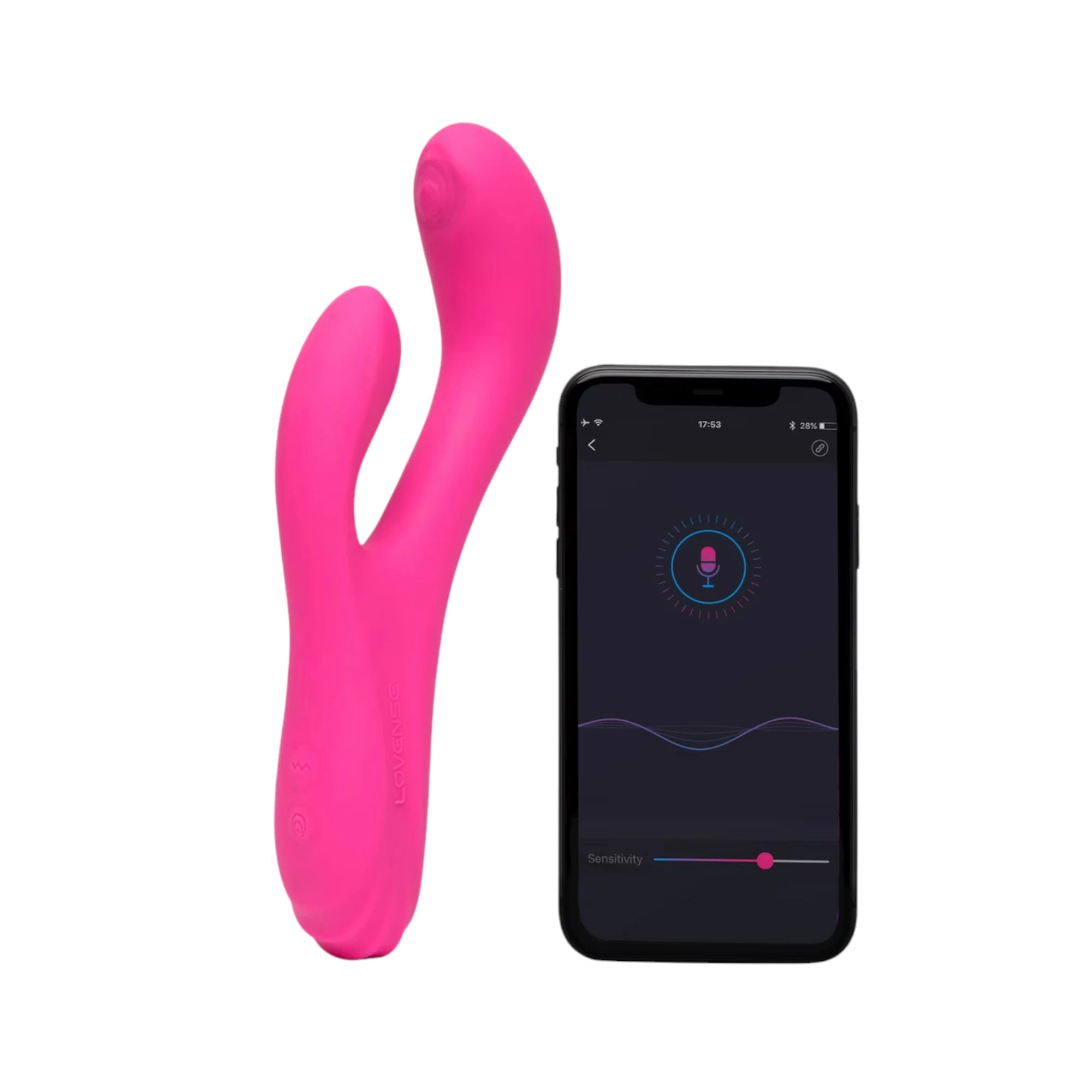 Lovense Osci 3 warming rabbit vibrator in pink shown next to a smartphone displaying the Lovense app interface, highlighting the dual-stimulation design with internal shaft and external arm against a white background.