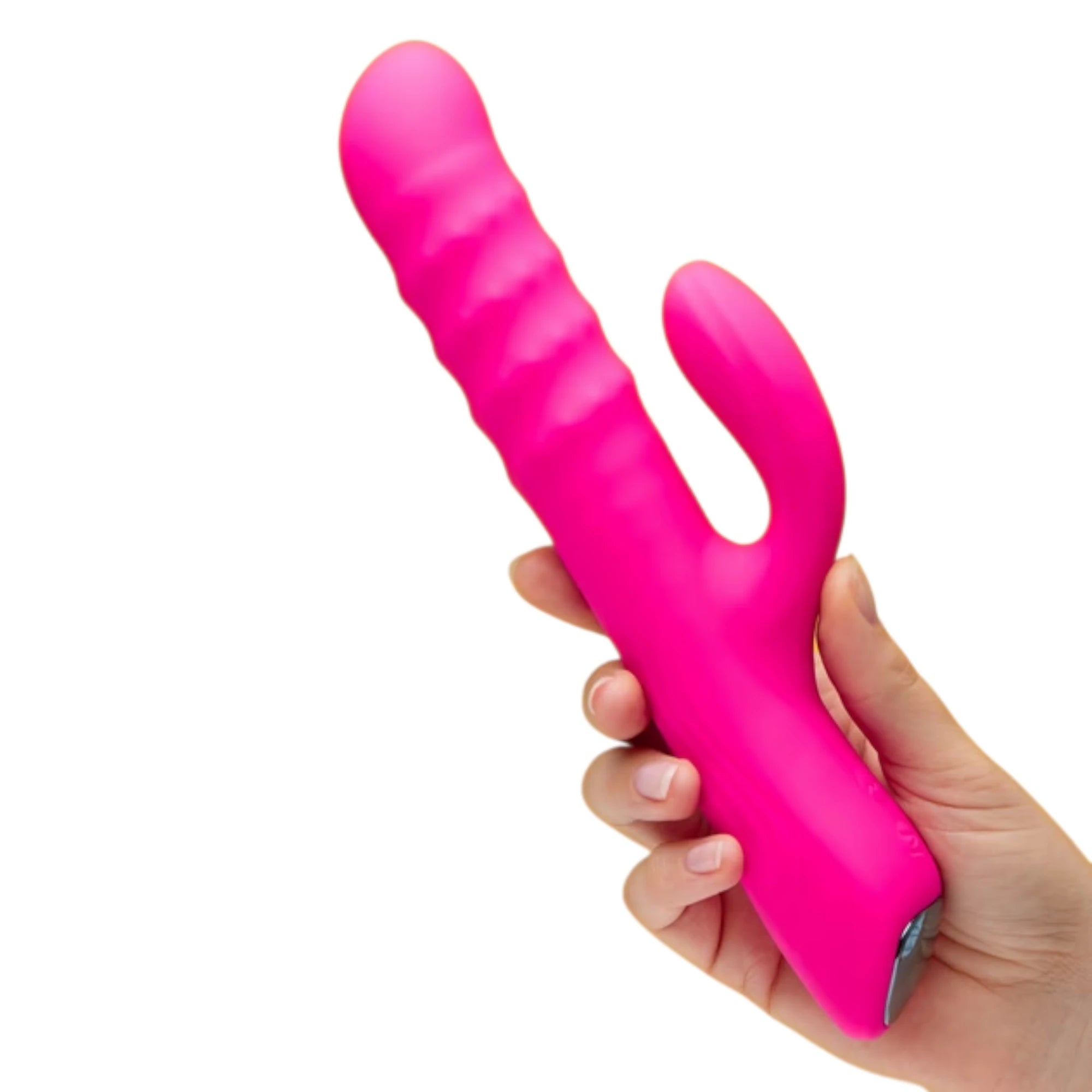 Lovense Velvo app-controlled rabbit vibrator with rotating beads held in hand against white background