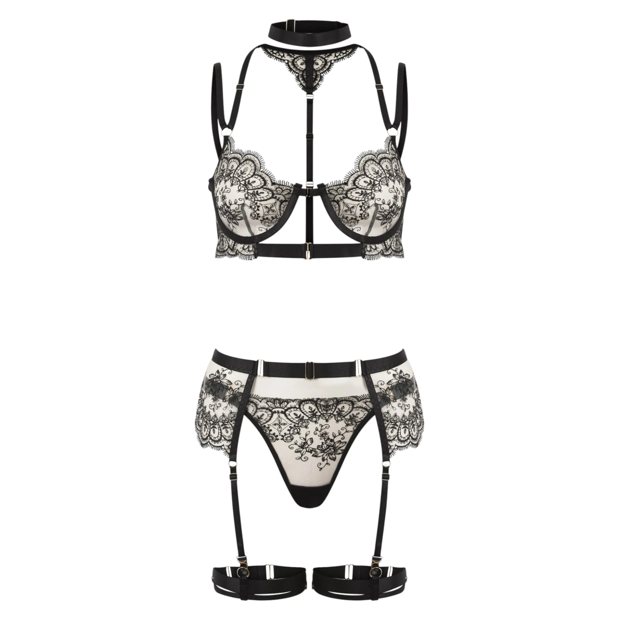 The Lormi Lingerie Embroidered Lace Harness Set (3 Piece) — Black & Ivory with an embroidered lace harness bra featuring a choker strap and adjustable straps, and a matching high-waisted lace suspender thong with garter straps and leg bands, shown on a plain white background