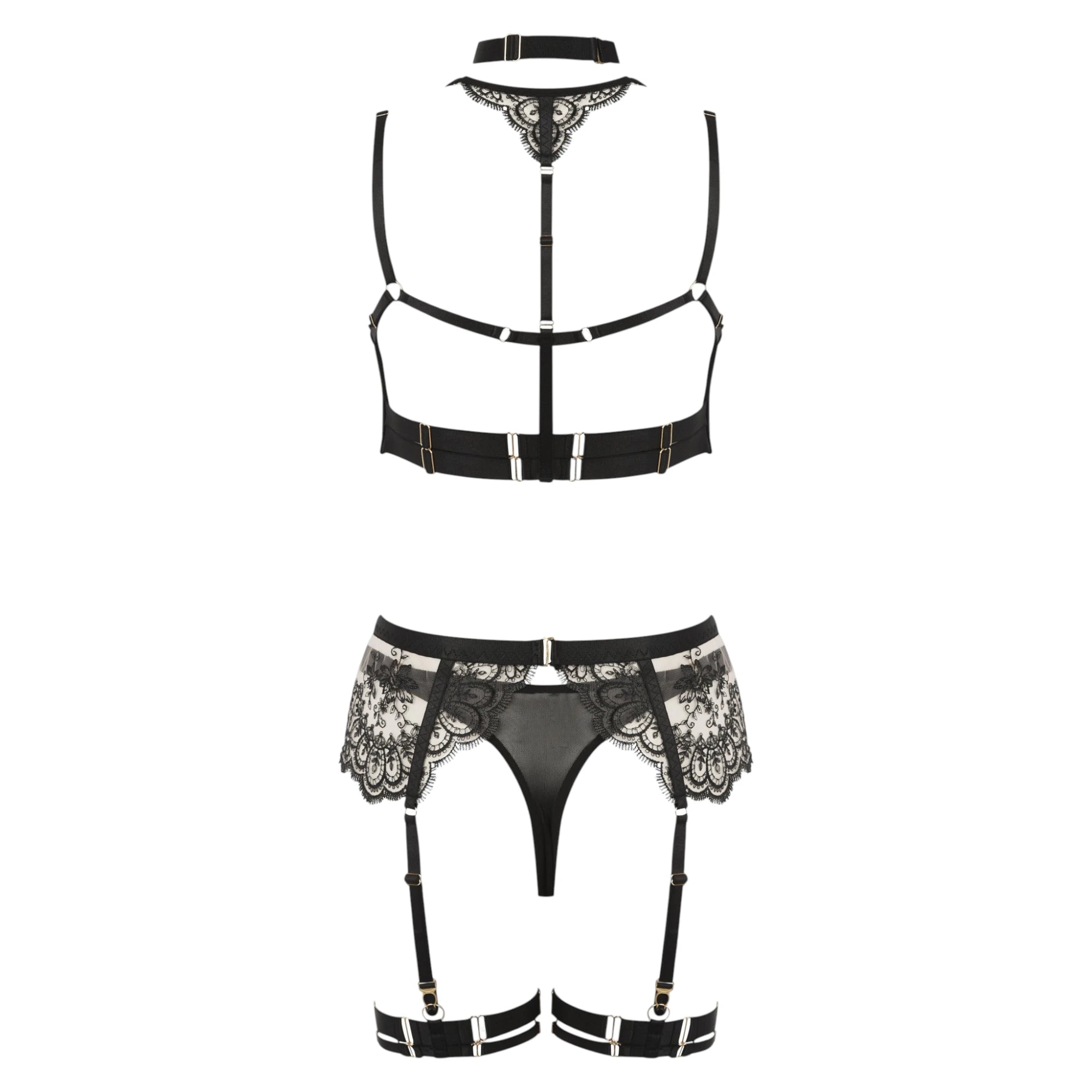 The Lormi Lingerie Embroidered Lace Harness Set (3 Piece) — Black & Ivory with a back view showing the strappy harness bra with choker detail and the matching lace suspender thong with garter straps and leg bands, shown on a plain white background.