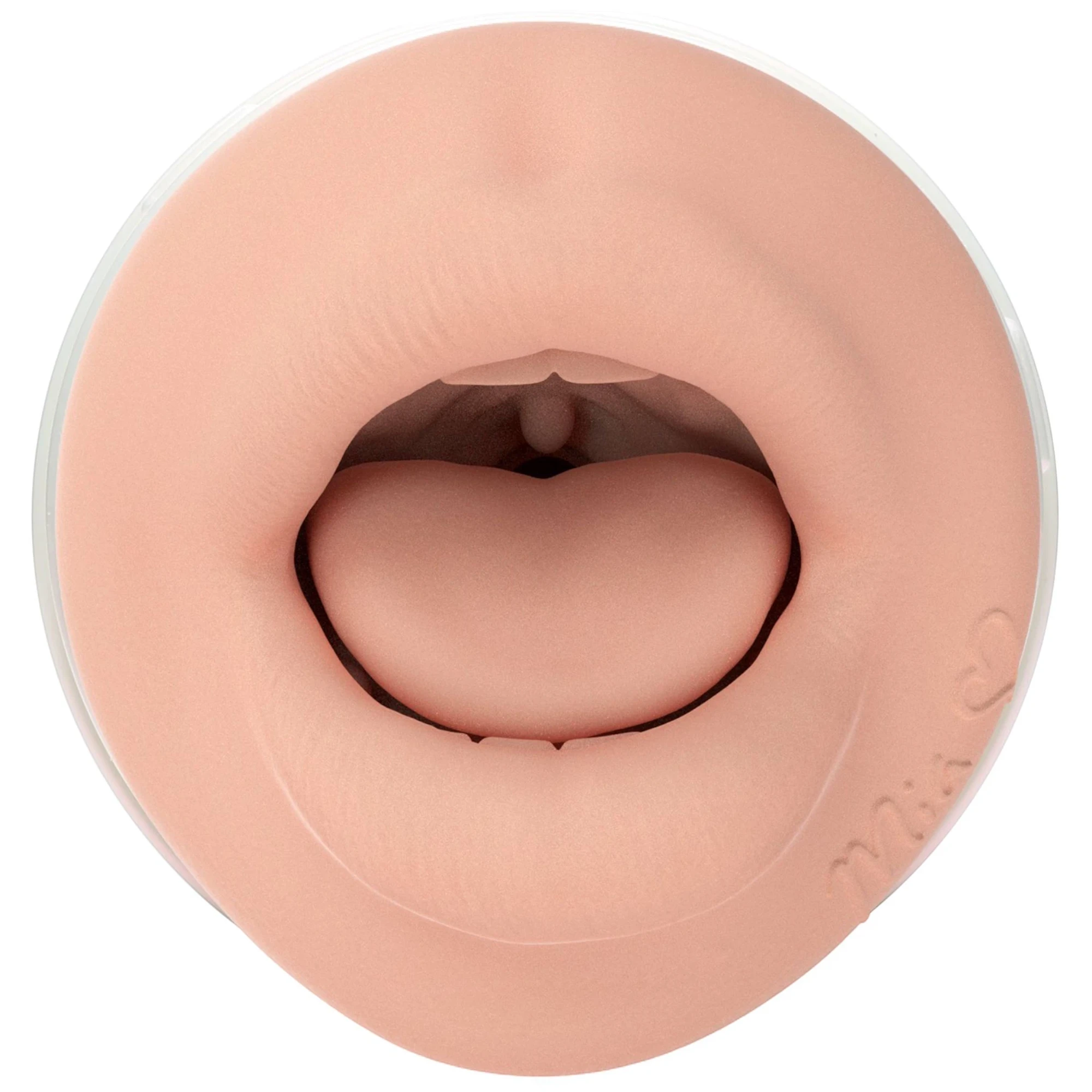Close-up of the opening on the Fleshlight Girls Mia Malkova sleeve on a white background