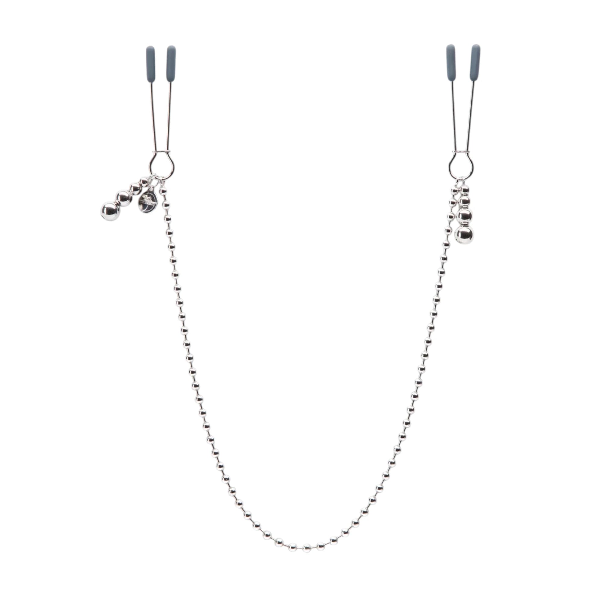 Fifty Shades Darker At My Mercy chained nipple clamps shown as a pair, featuring silver metal clamps with grey rubber tips connected by a long beaded chain, with small dangling bead weights and a branded charm against a white background