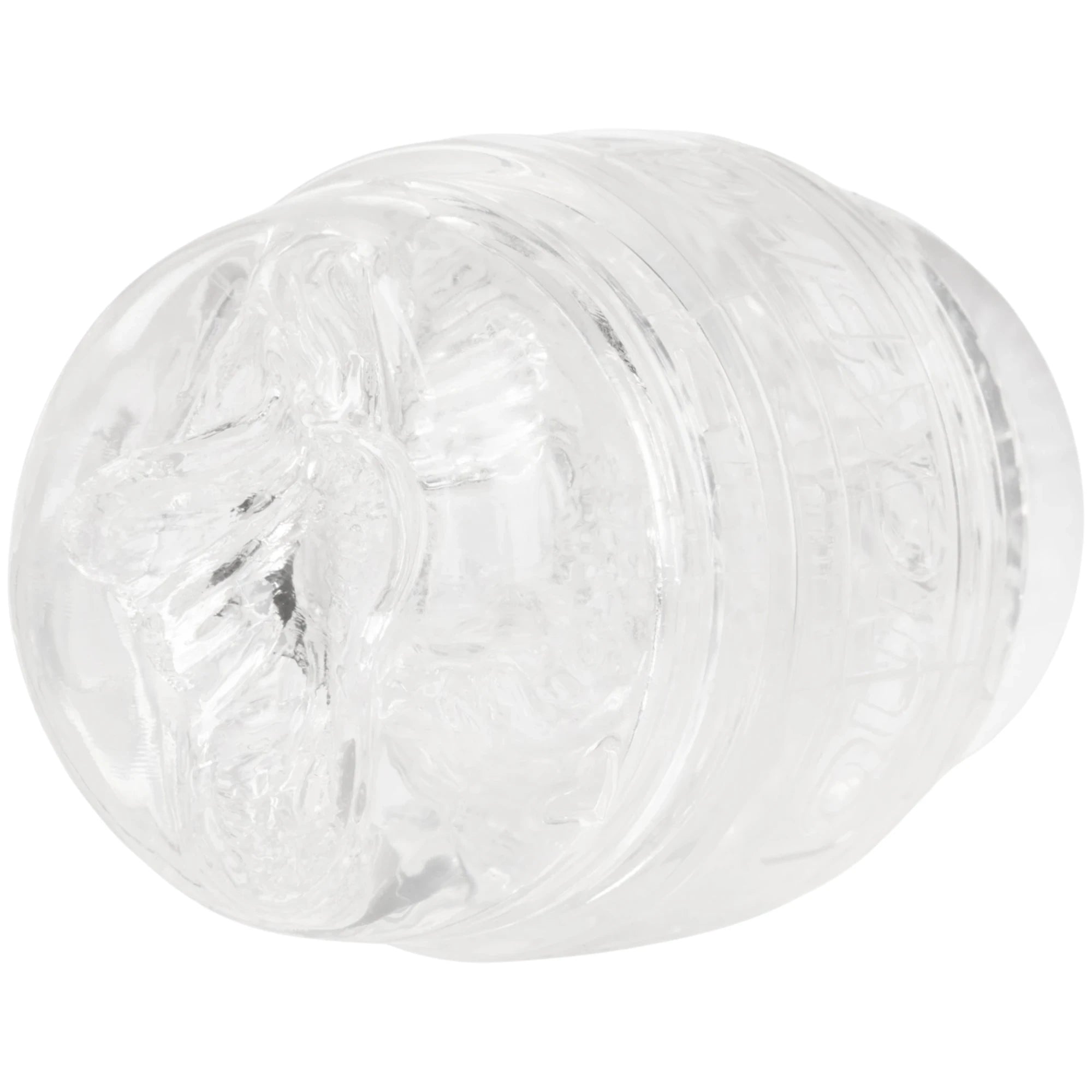 Fleshlight Quickshot textured male masturbator shown from side displaying clear transparent sleeve with ribbed outer grip and internal texture detail against white background