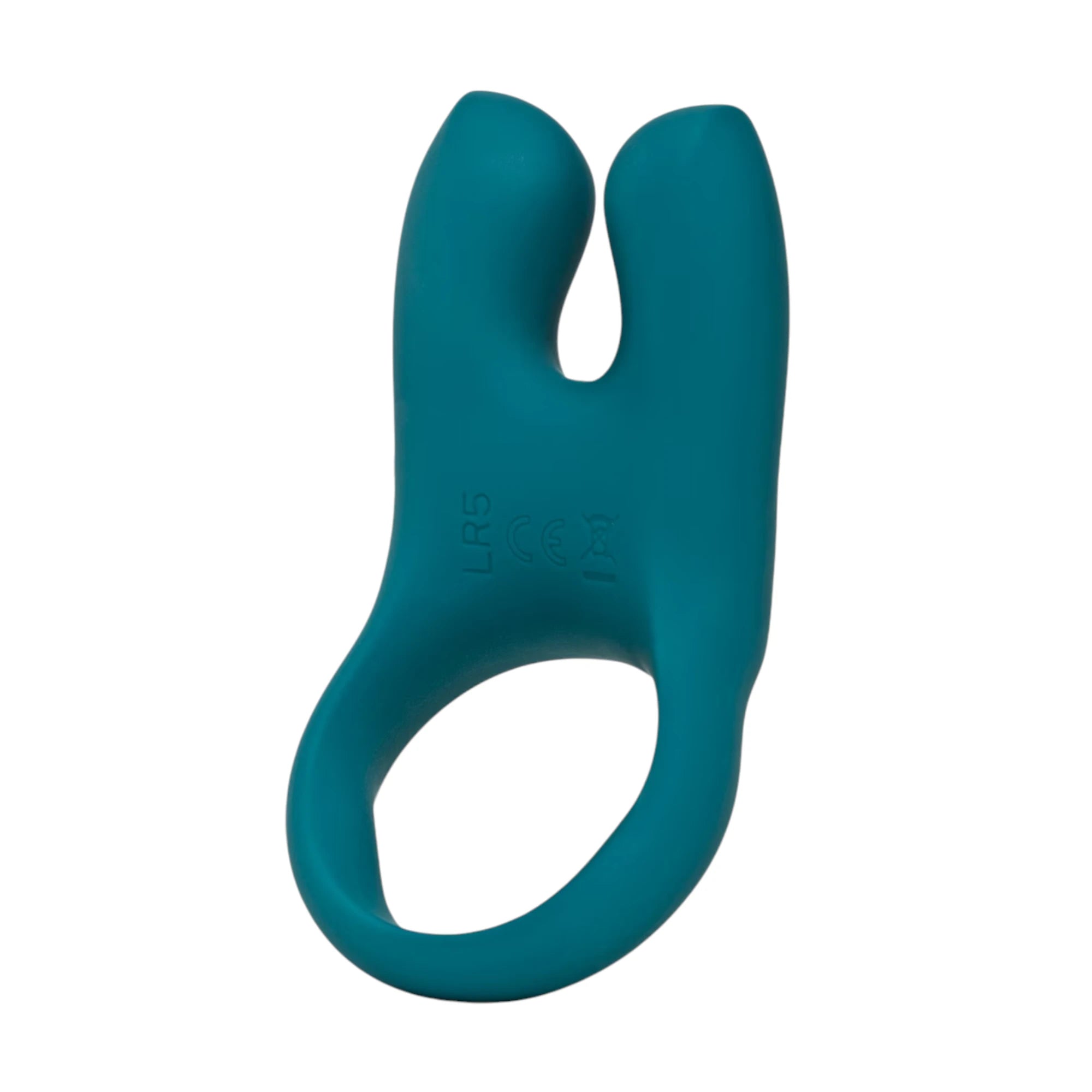 Fun Factory NOS Classic vibrating cock ring in teal silicone shown from back displaying dual stimulation arms and flexible ring shape against white background