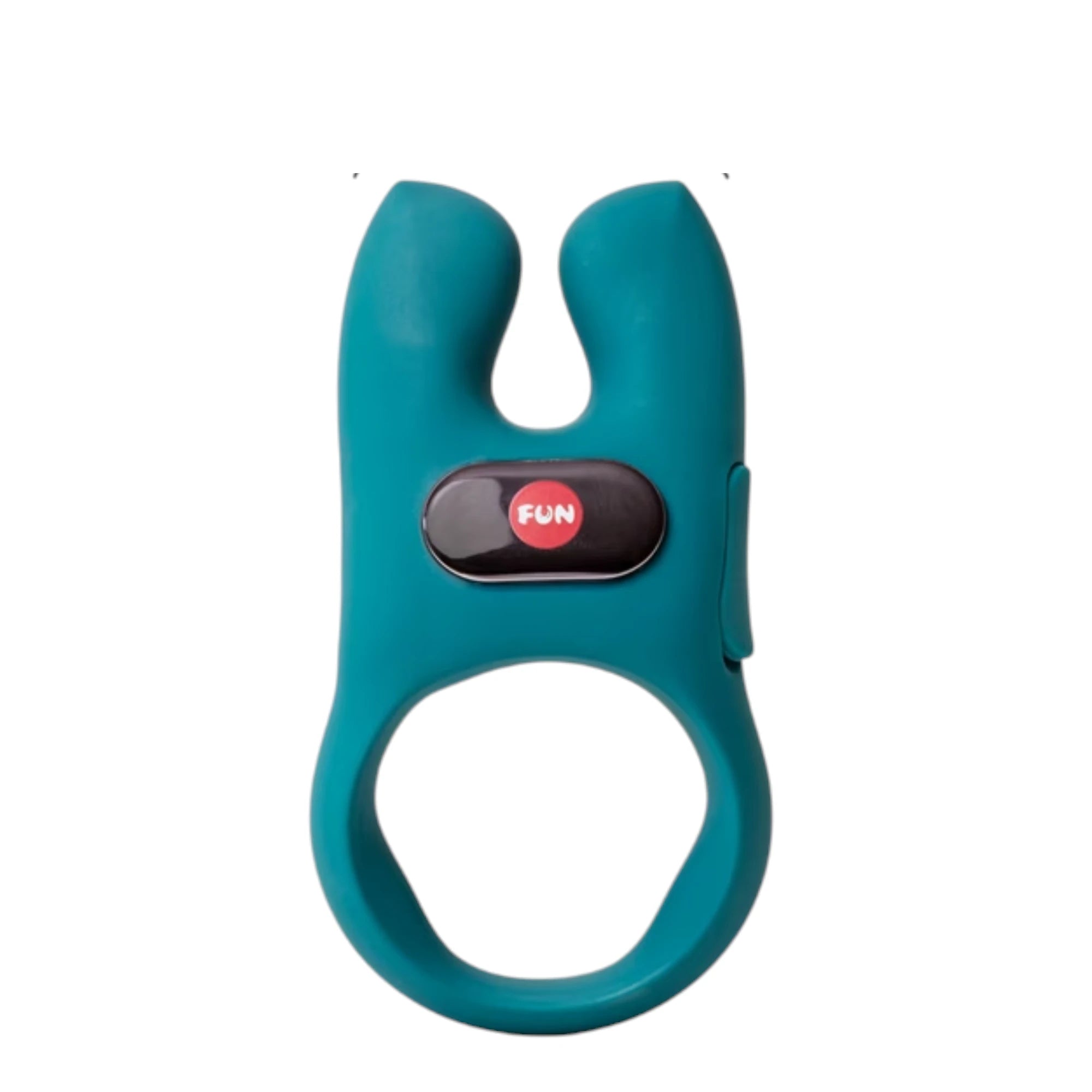 Fun Factory NOS Classic vibrating cock ring in teal silicone shown from front displaying dual stimulation arms, adjustable strap, and FUN branded control panel against white background