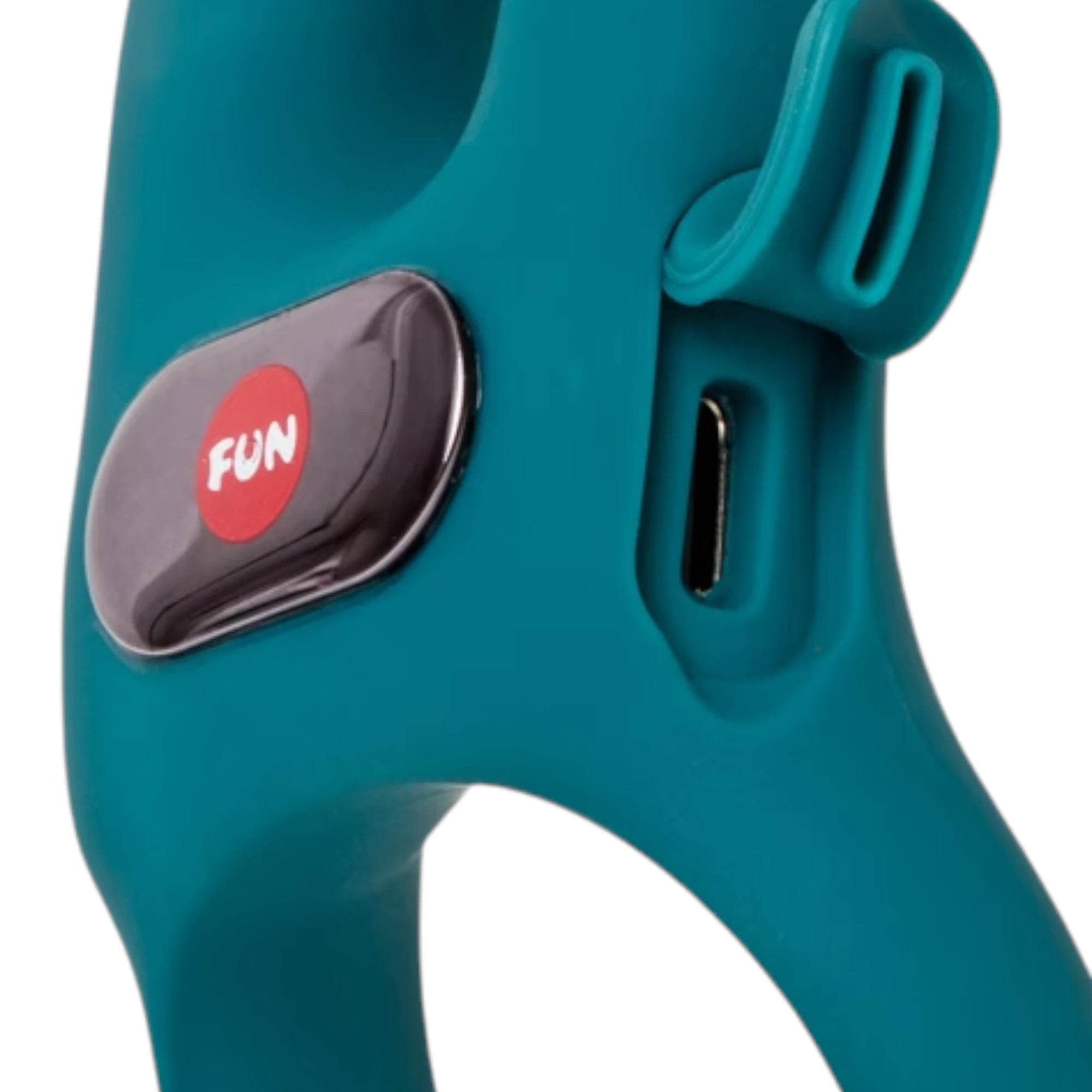 Fun Factory NOS Classic vibrating cock ring in teal silicone shown from side displaying FUN branded control panel, USB charging port, and dual stimulation arms against white background