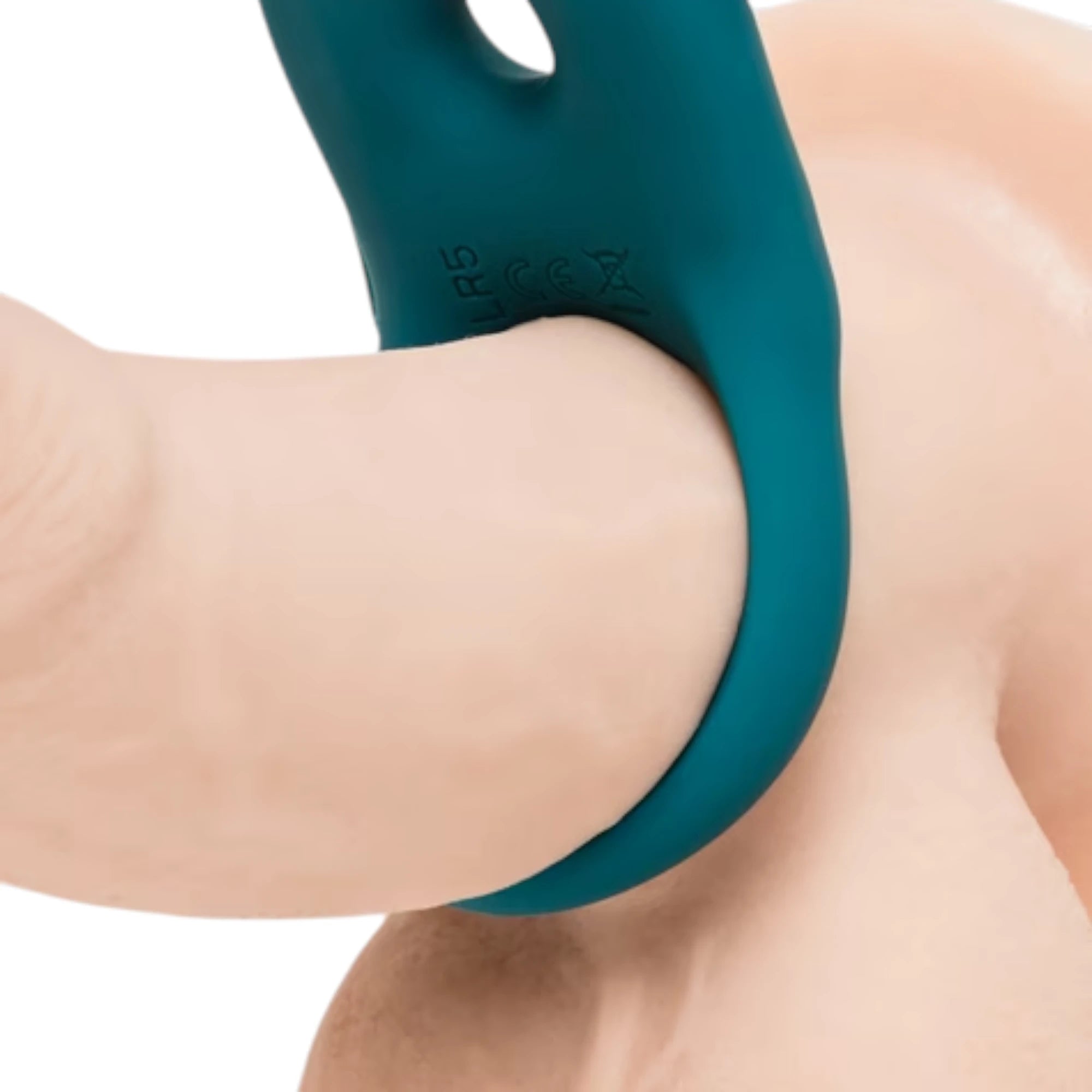 Fun Factory NOS Classic vibrating cock ring in teal silicone worn on body displaying flexible fit and dual stimulation design against white background