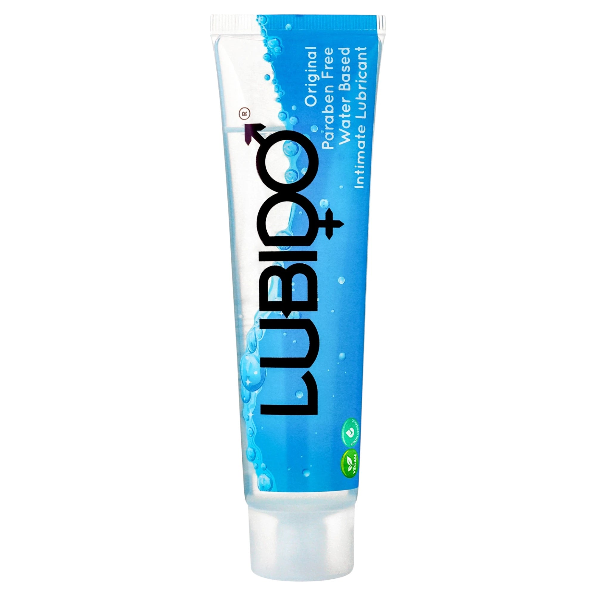 Lubido Original water-based intimate lubricant tube shown from front displaying blue and white gradient design, clear gel formula visible through packaging, 'Paraben Free' and 'Water Based Intimate Lubricant' text, vegan and cruelty-free icons against white background