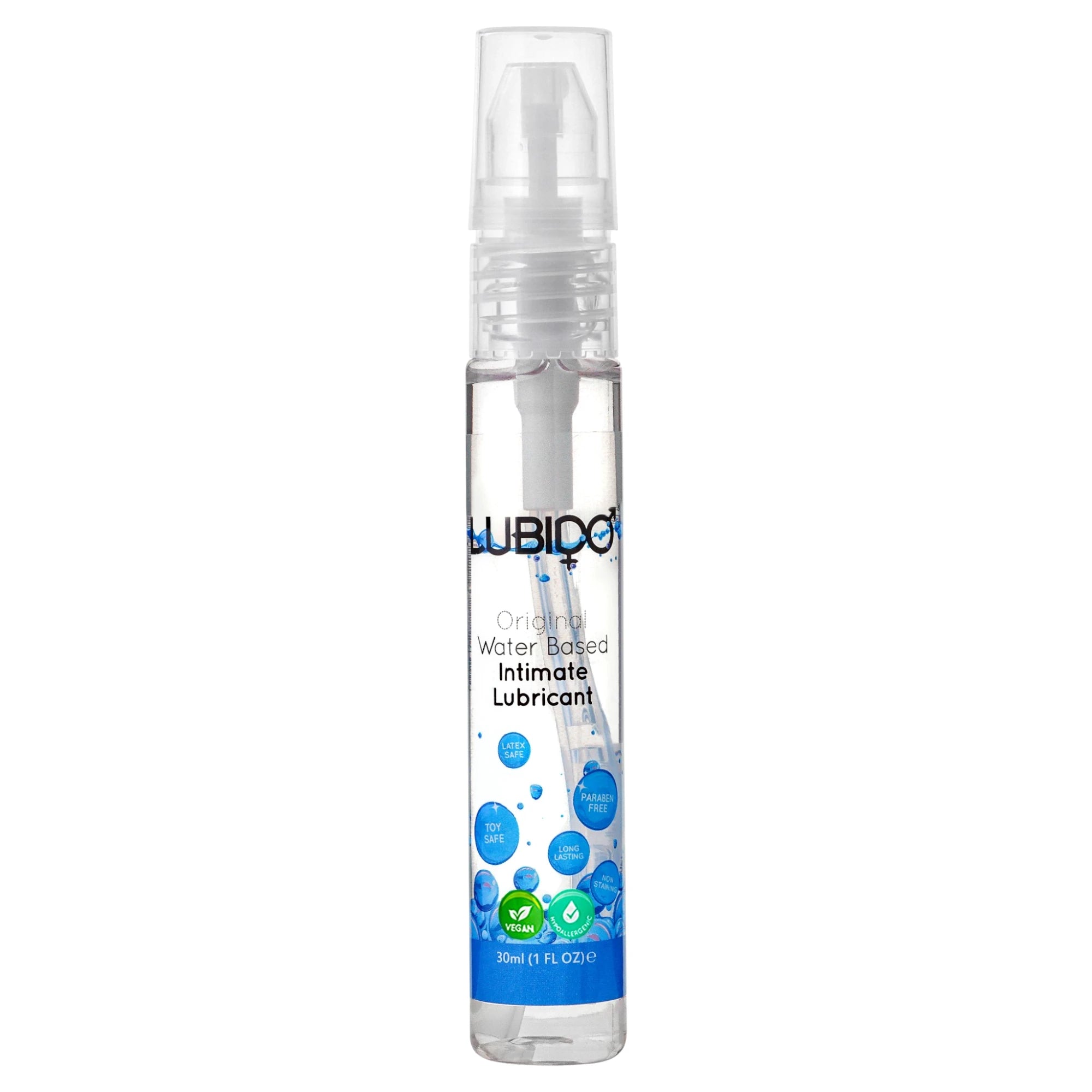 Lubido Original water-based intimate lubricant 30ml travel spray bottle shown from front displaying clear gel formula, white spray nozzle, Lubido branding, 'Original Water Based Intimate Lubricant' label, 'Body Safe', 'Paraben Free', and 'Long Lasting' badges, vegan and cruelty-free icons, blue gradient design against white background