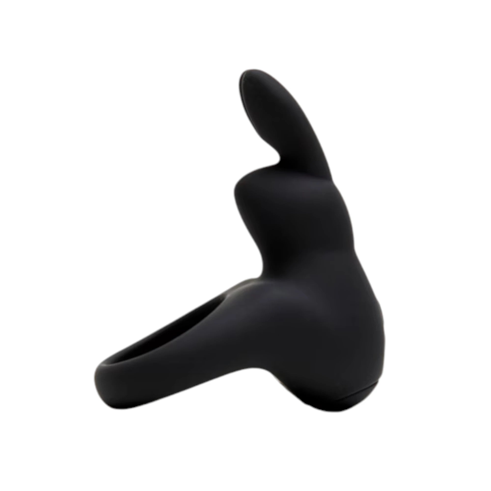Happy Rabbit rabbit cock ring in black silicone shown from side angle displaying raised rabbit ear stimulator and flexible ring base against white background