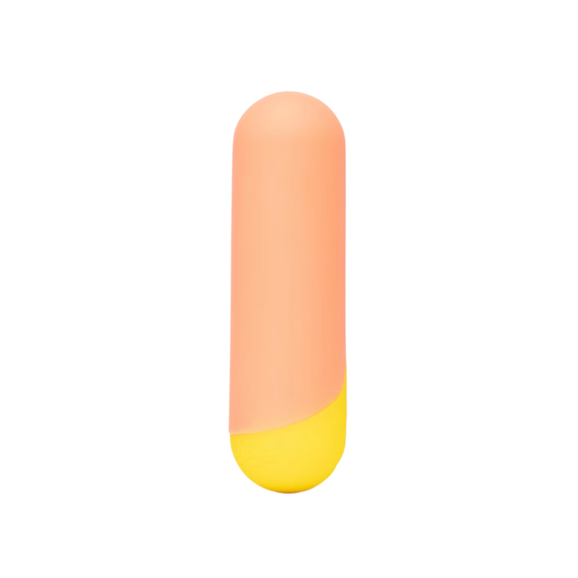 The ROMP Riot rechargeable silicone bullet vibrator in peach silicone with a smooth rounded body and a yellow base, shown on a plain white background