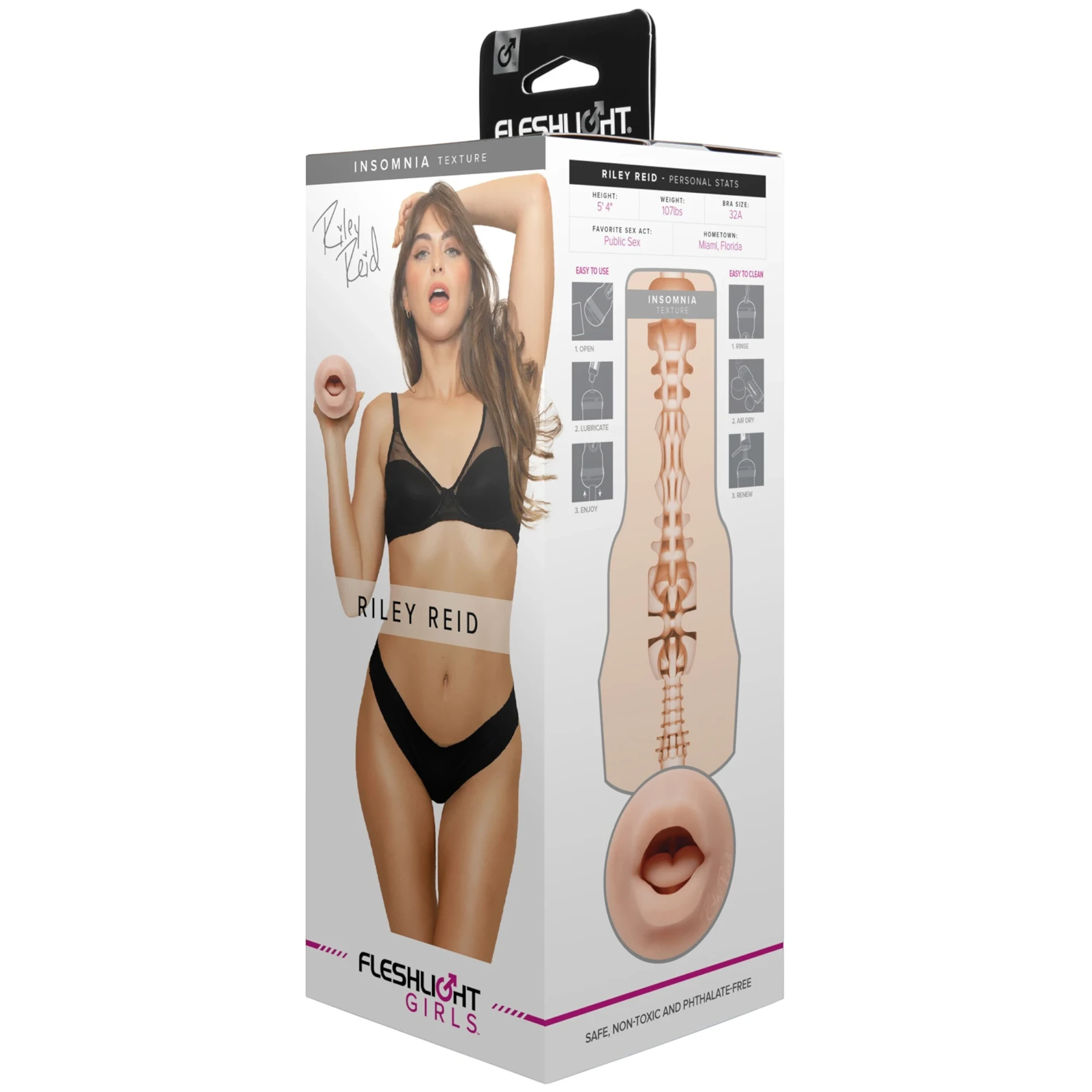 Fleshlight Girls Riley Reid Insomnia blow job masturbator packaging box shown from front displaying Insomnia texture branding, photo of model, Riley Reid personal stats, product diagram showing interior texture pattern, mouth opening detail, Fleshlight Girls logo, and 'Safe, Non-Toxic and Phthalate Free' text against white background