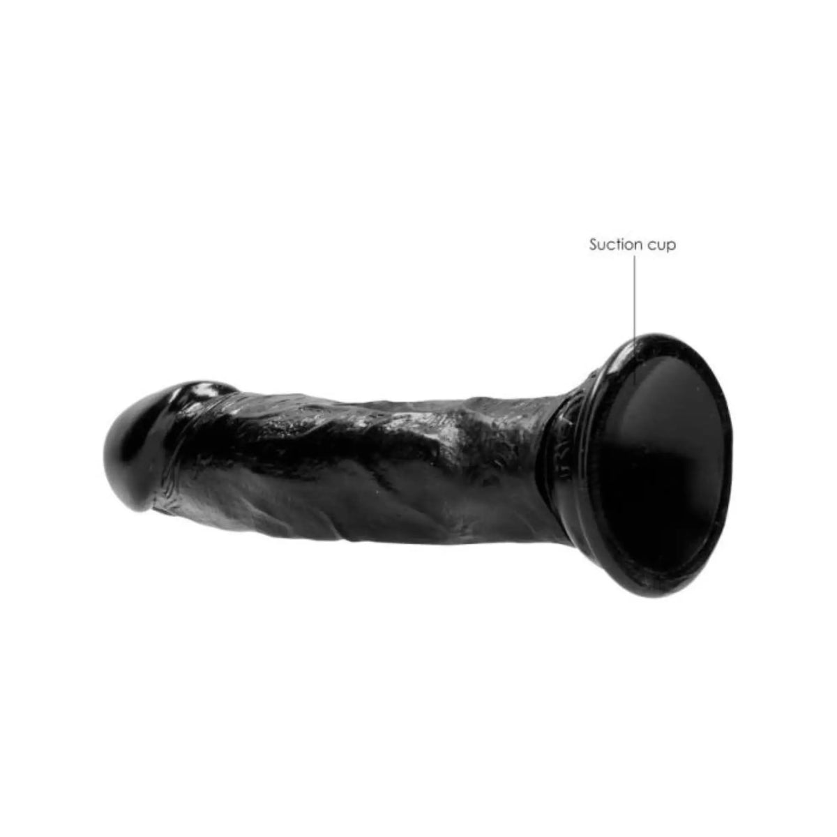 Real Rock black realistic dildo 8 inch side view with the suction cup base labelled against white background