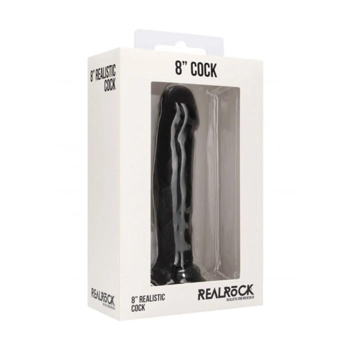 Real Rock black realistic dildo 8 inch in its retail box against white background