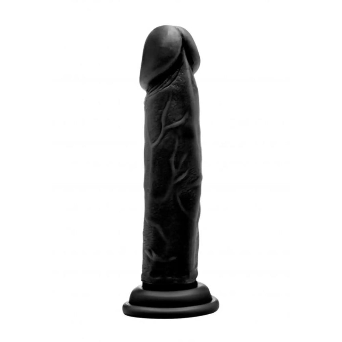 Real Rock black realistic dildo 8 inch front view with suction cup base against white background