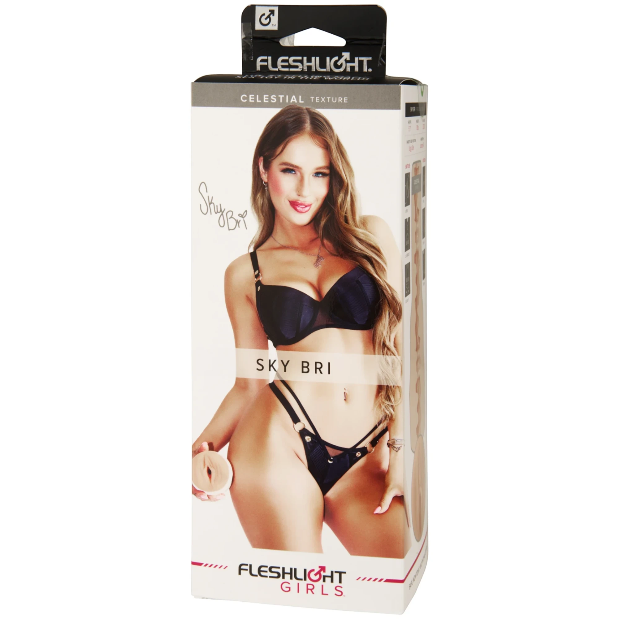 Fleshlight Girls Sky Bri Celestial texture packaging box shown from front displaying model photo, 'Celestial Texture' label, Sky Bri name, Fleshlight Girls branding, and product window cutout on side against white background