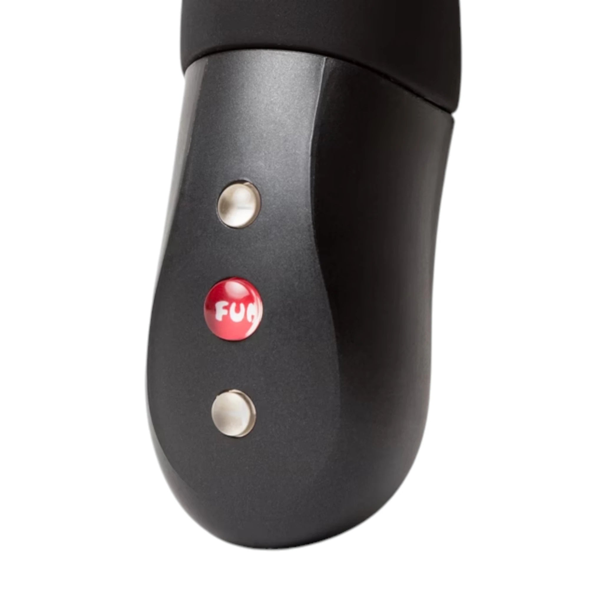 Fun Factory Stronic Real black realistic thrusting vibrator shown from side displaying control buttons with FUN branding and rounded tip against white background