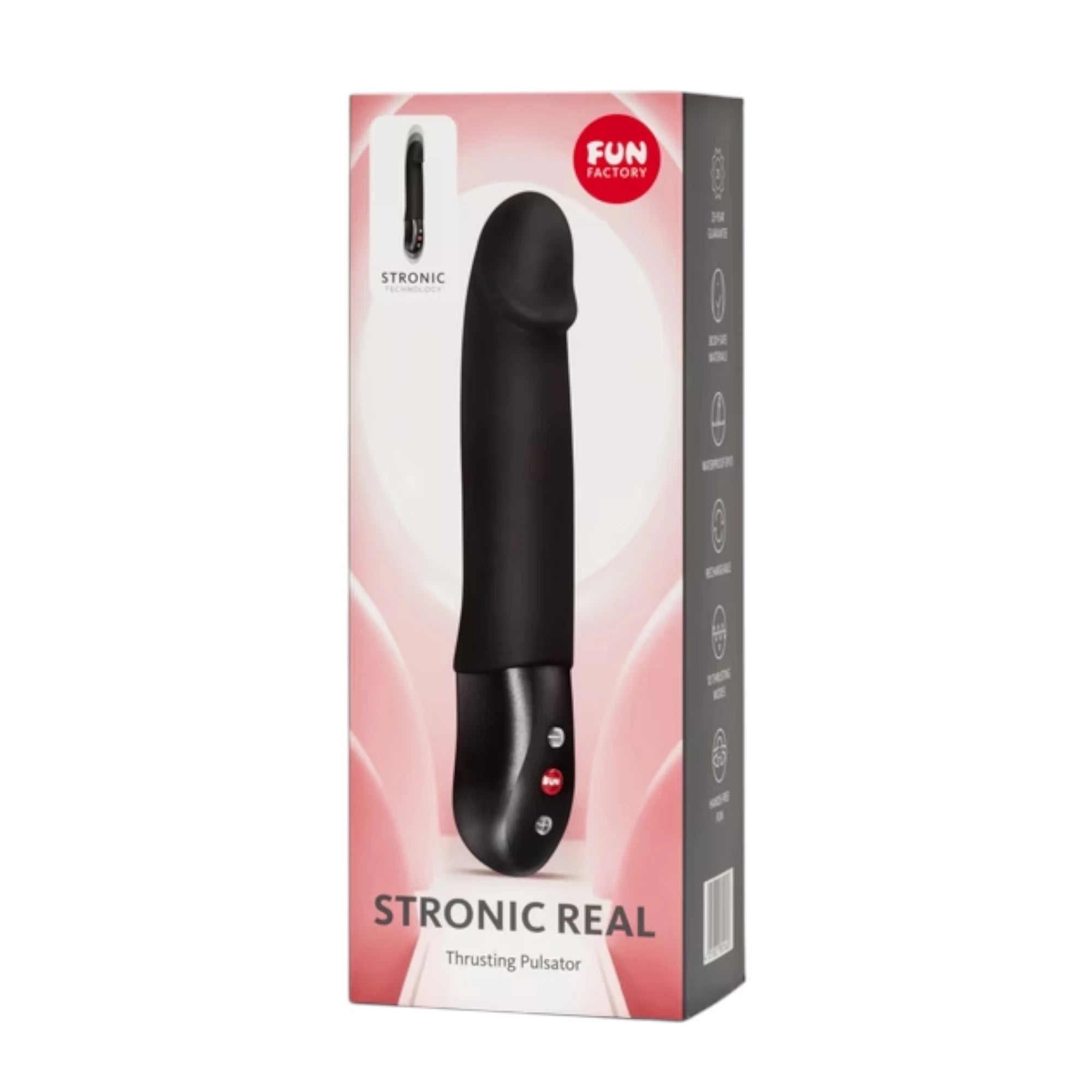 Fun Factory Stronic Real packaging box with pink and white gradient design, product image, 'Stronic Real Thrusting Pulsator' text, and FUN Factory branding against white background