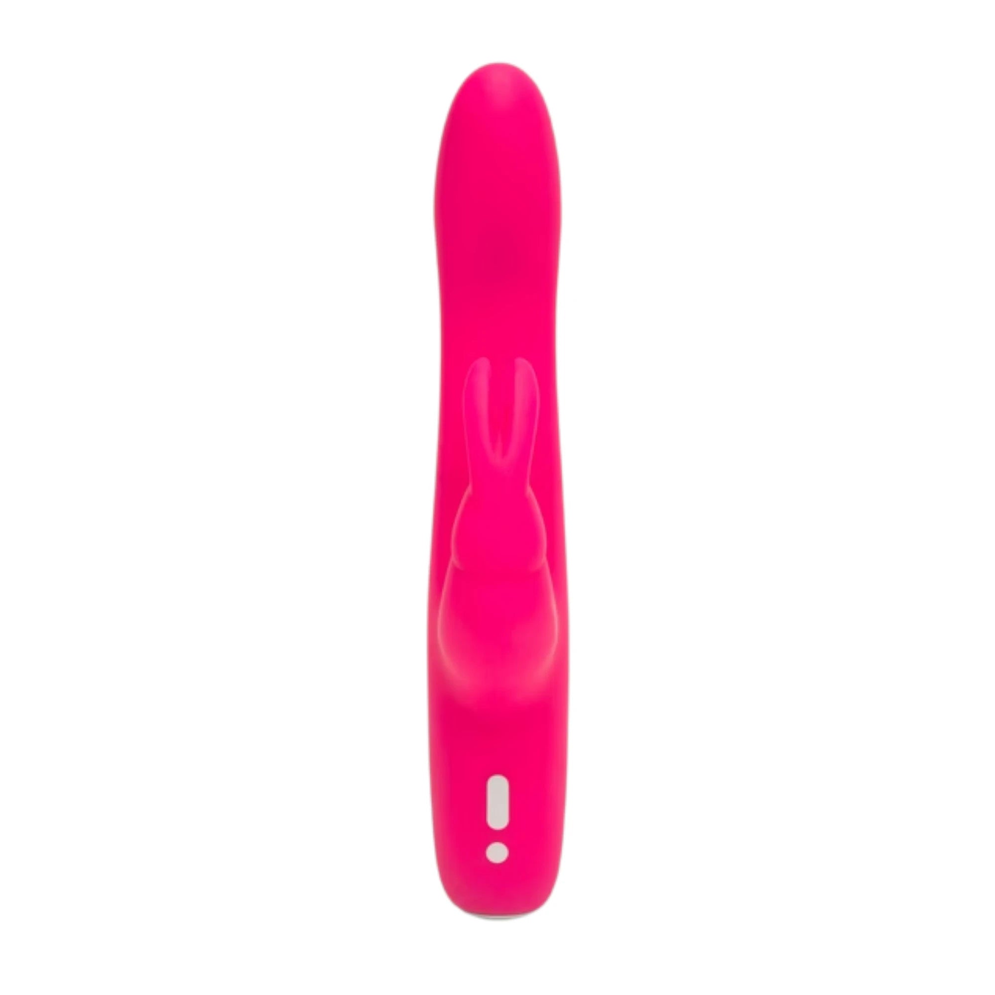 Happy Rabbit Slimline Curve hot pink rabbit vibrator shown from front displaying straight slim body, raised rabbit silhouette detail, and control buttons at base against white background
