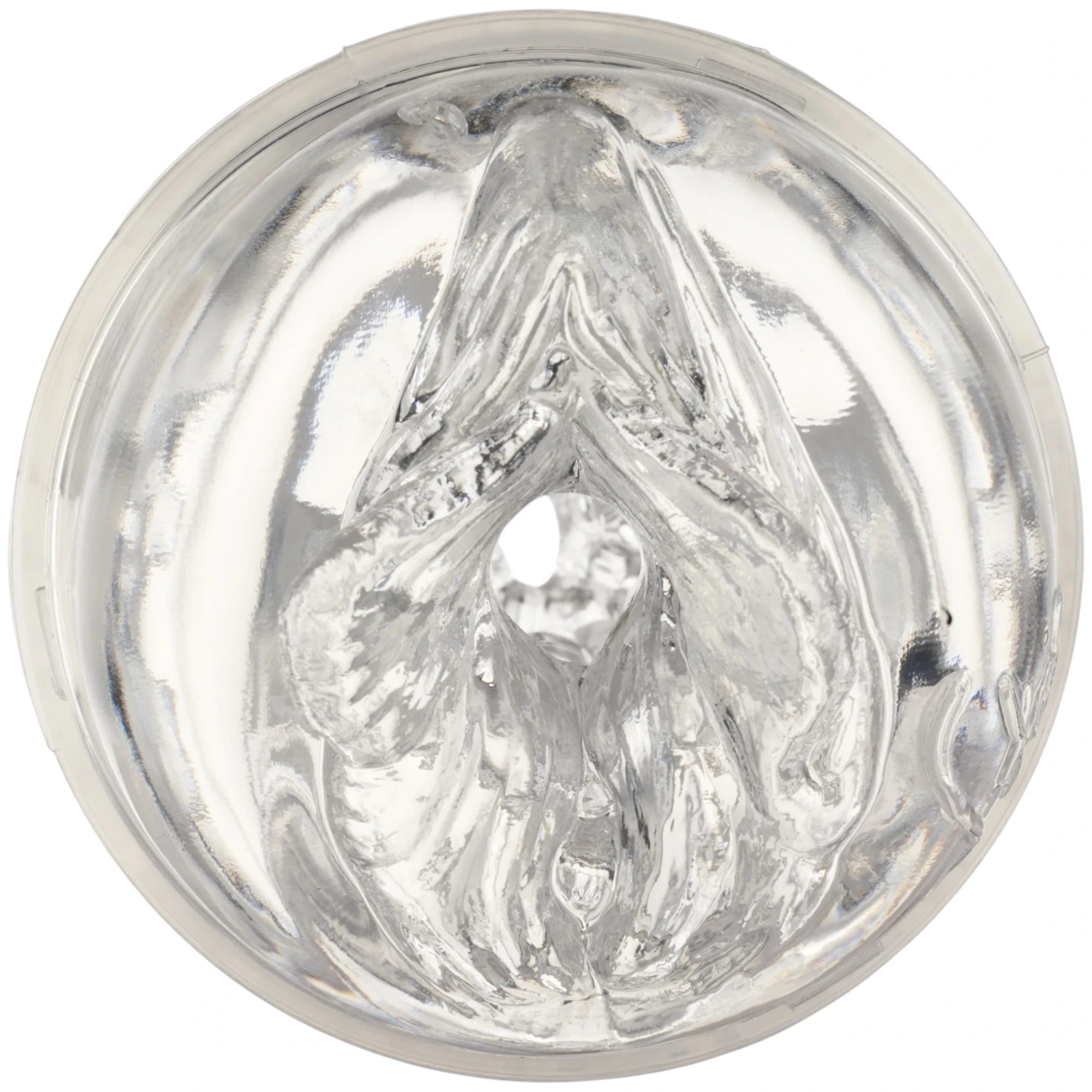 Close-up of the opening on the Fleshlight Quickshot Stoya Destroya clear textured sleeve insert on a white background.