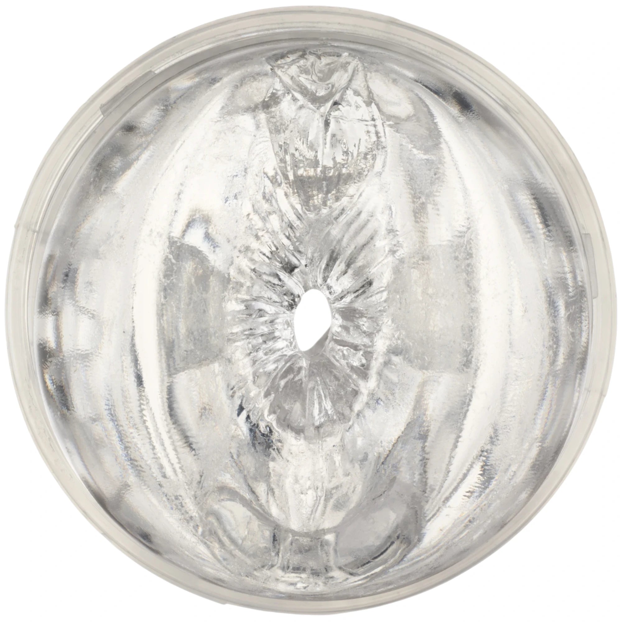 Close-up of the opening on the Fleshlight Quickshot Stoya Destroya clear textured sleeve insert on a white background