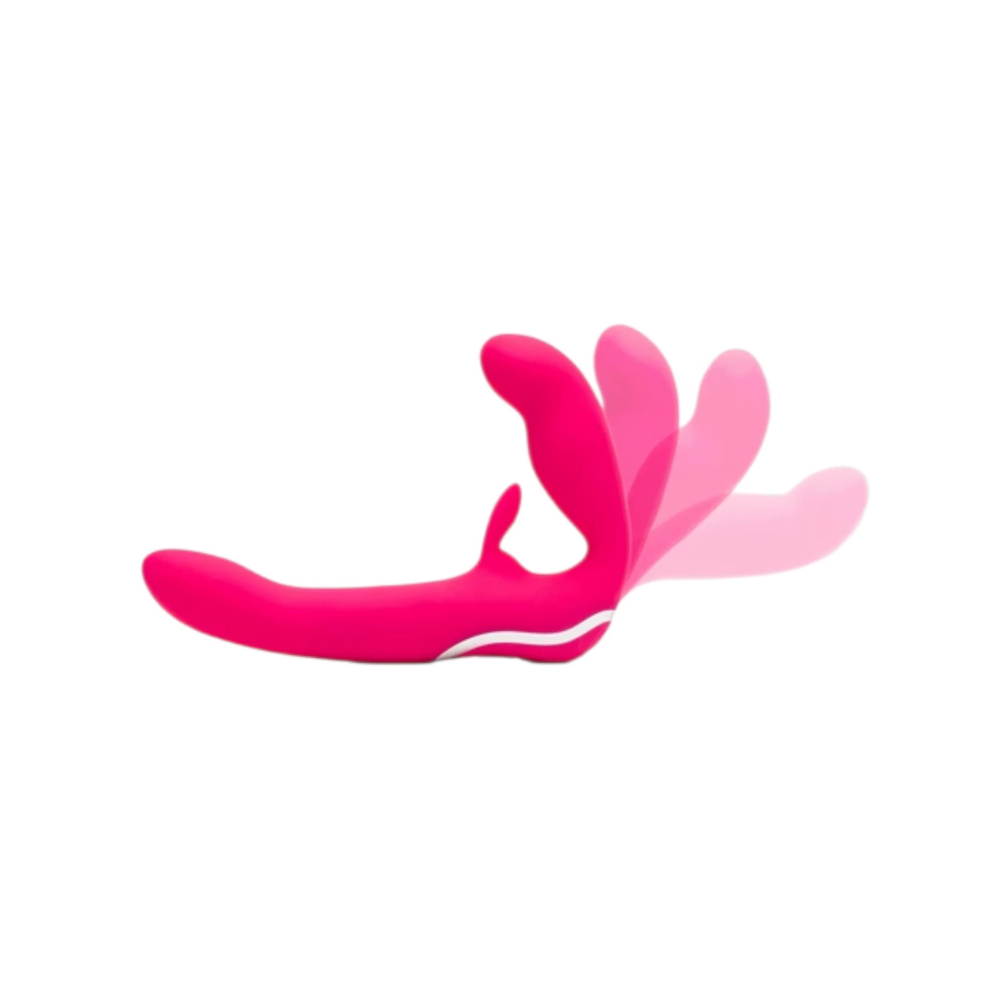 Happy Rabbit vibrating strapless strap-on in hot pink shown from angled view displaying curved dual-ended design, multiple external rabbit ear stimulators, white accent band, and smooth silicone finish against white background