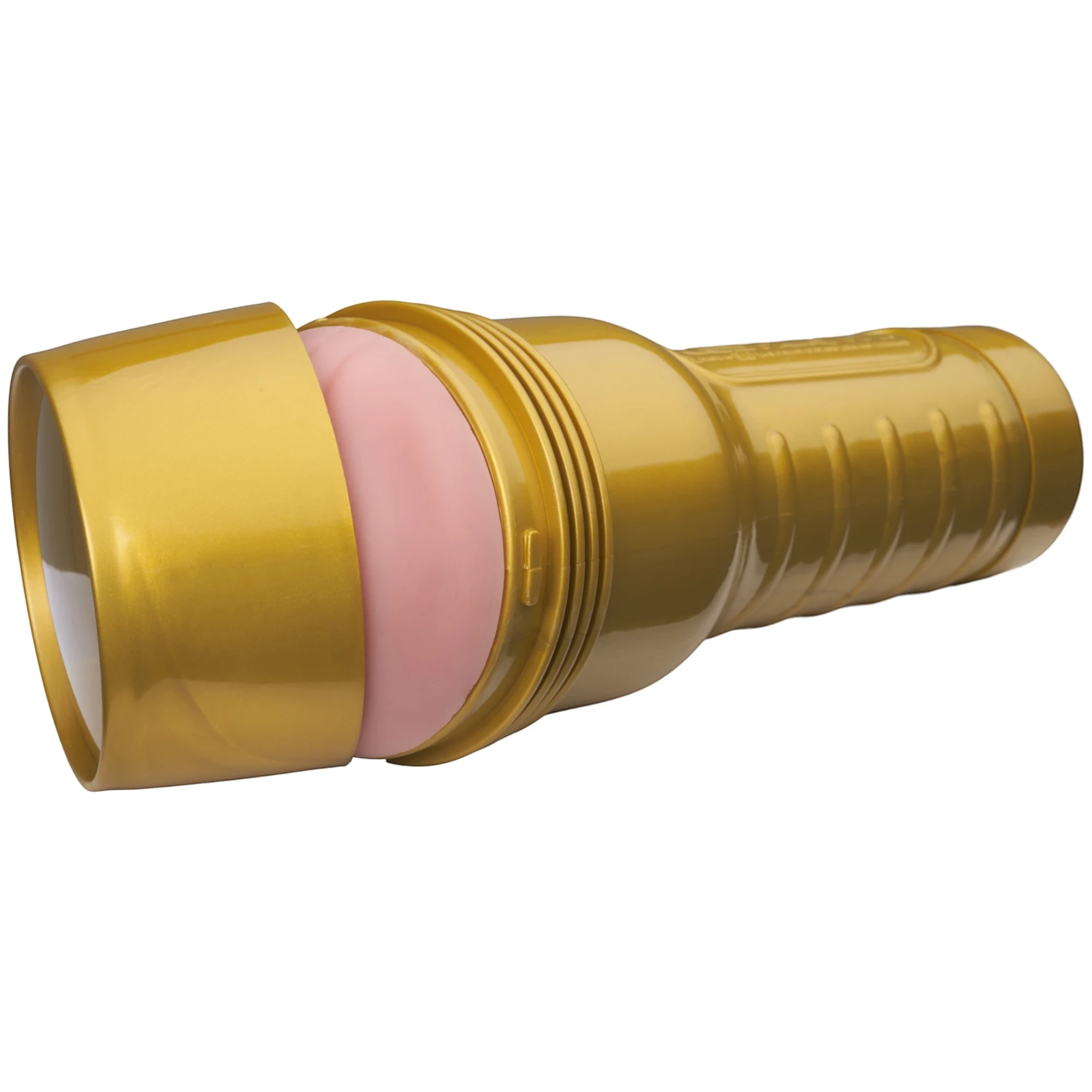 Fleshlight Pink Lady Stamina Training Unit STU shown with removable gold case displaying realistic pink TPE sleeve, gold metallic casing with ribbed texture, and cylindrical body structure against white background