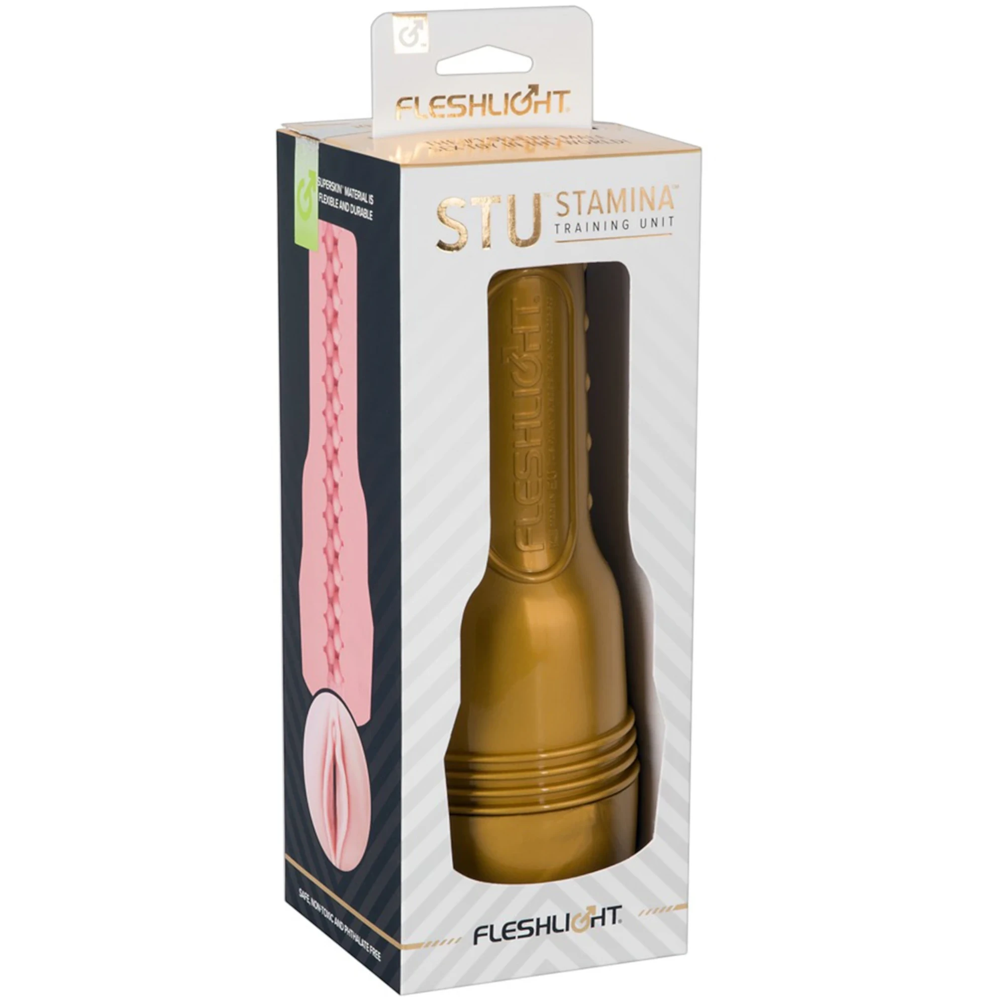 Fleshlight STU Stamina Training Unit packaging box shown from front displaying gold metallic casing in window cutout, 'STU Stamina Training Unit' branding, texture diagram on left side showing pink interior pattern, Fleshlight branding, and product details against white background