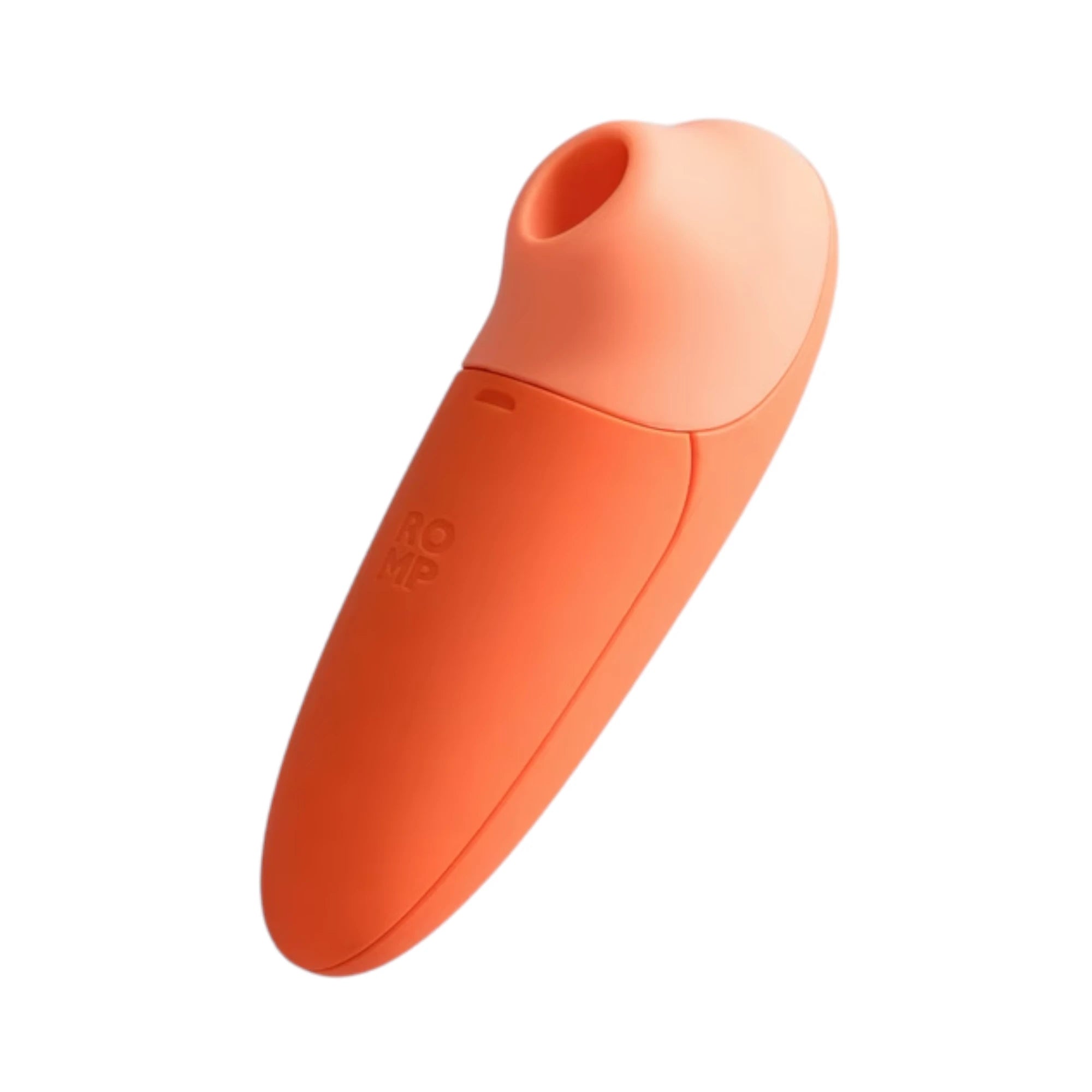 The ROMP Switch X clitoral suction stimulator in orange silicone with a smooth tapered body and a rounded suction head featuring an oval opening, shown on a plain white background