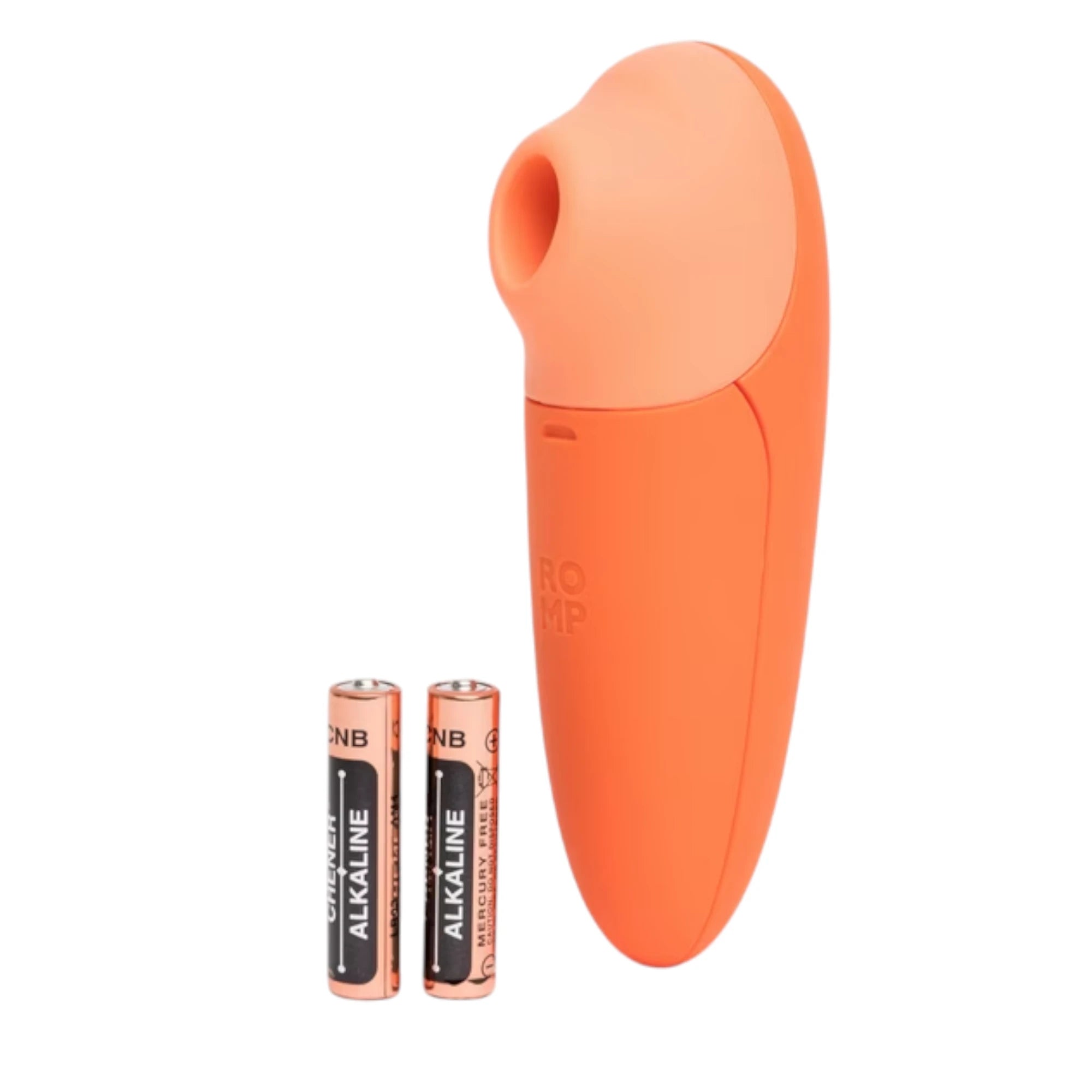 The ROMP Switch X clitoral suction stimulator in orange silicone with a smooth tapered body and a rounded suction head featuring an oval opening, shown on a plain white background with two AA alkaline batteries beside it