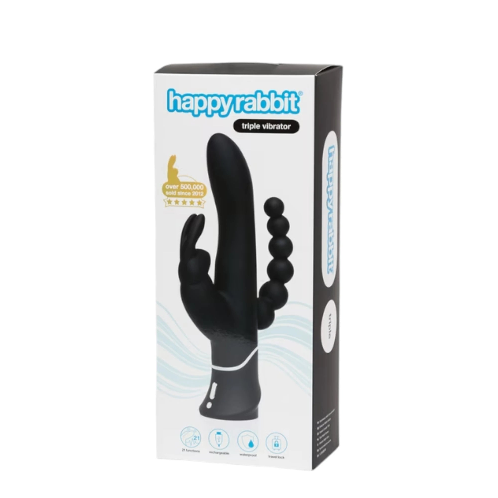 Happy Rabbit Triple Curve rabbit vibrator packaging box in white and black with product image, 'triple vibrator' label, gold award seal, and feature icons for 21 functions, rechargeable, waterproof, and travel lock against white background