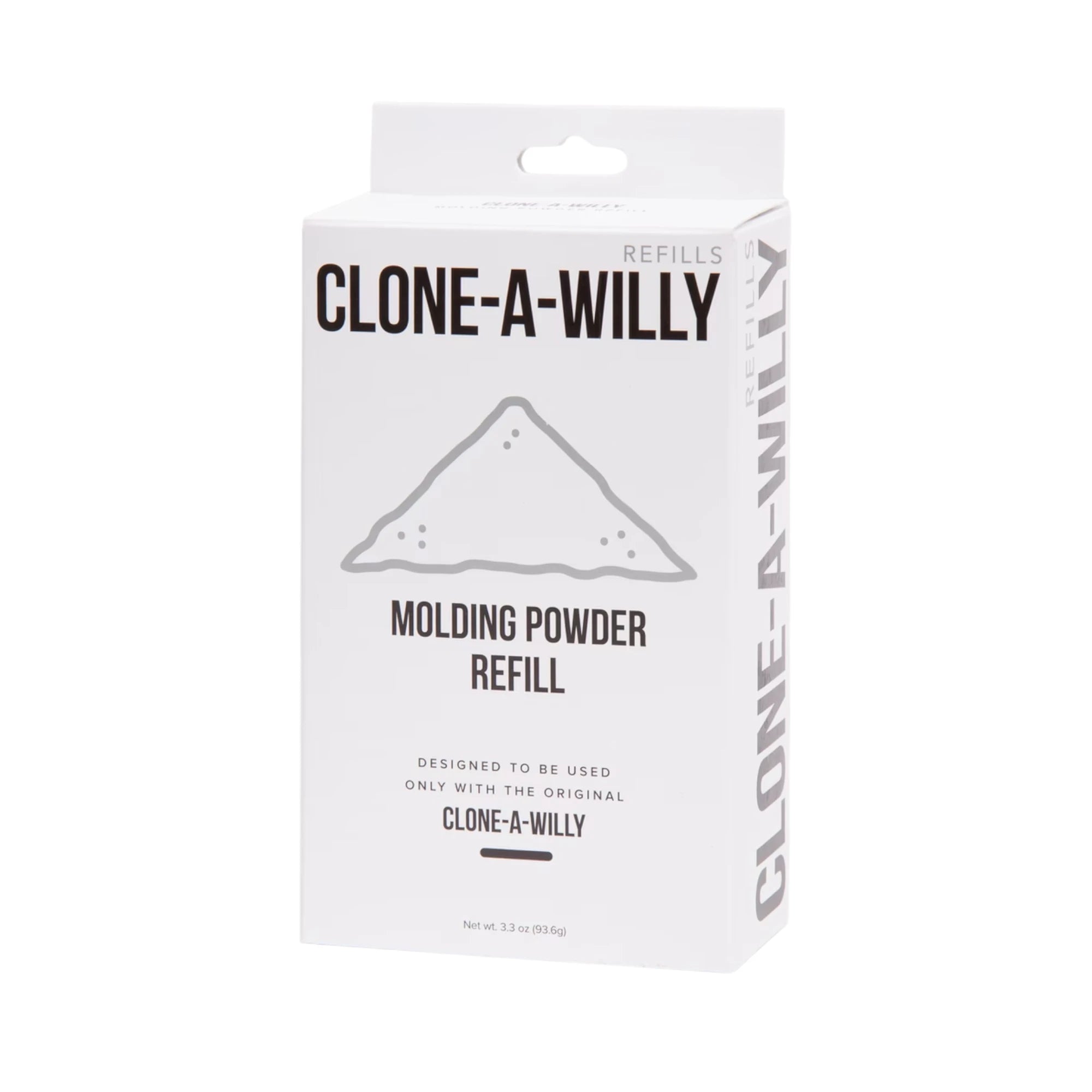 The Clone-A-Willy Moulding Powder Refill Bag (90g) retail box in white with ‘Clone-A-Willy’ branding and a simple mound graphic above the ‘Moulding Powder Refill’ text, shown on a plain white background