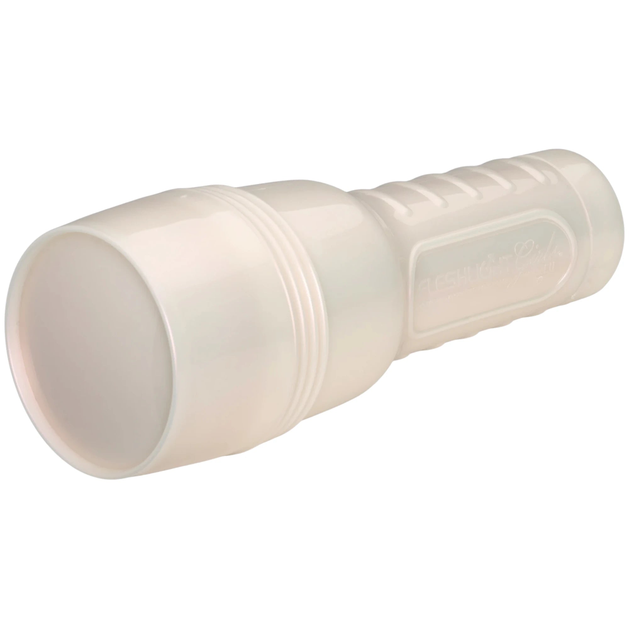 The Fleshlight Brandi Love Heartthrob Texture Masturbator in a white hard case with a smooth rounded end and ribbed grip section, shown on a plain white background